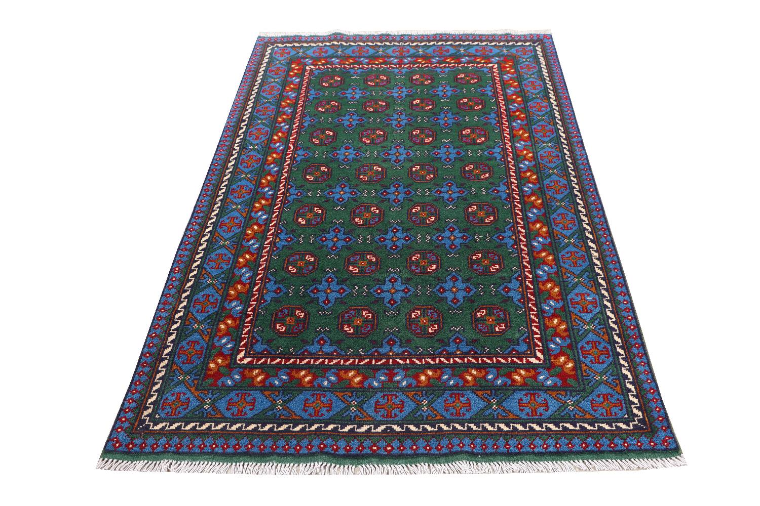 Afghan Akcha Rang Dar Teppich 120x180 Handgeknüpft Grün Durchgemustert Orient Kurzflor