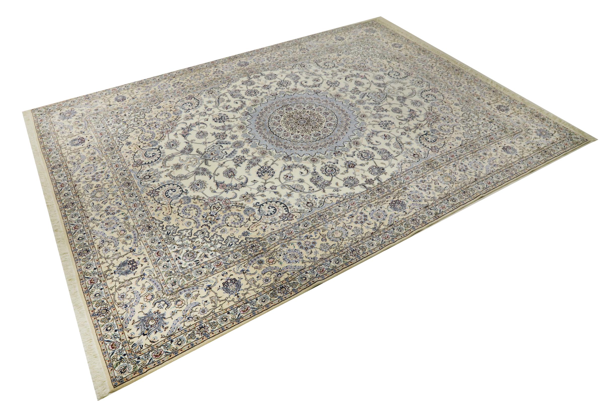 Perserteppich Nain 9LA 300x400 Handgeknüpft Weiß Medaillon Orientalisch UNIKAT Kurzflor