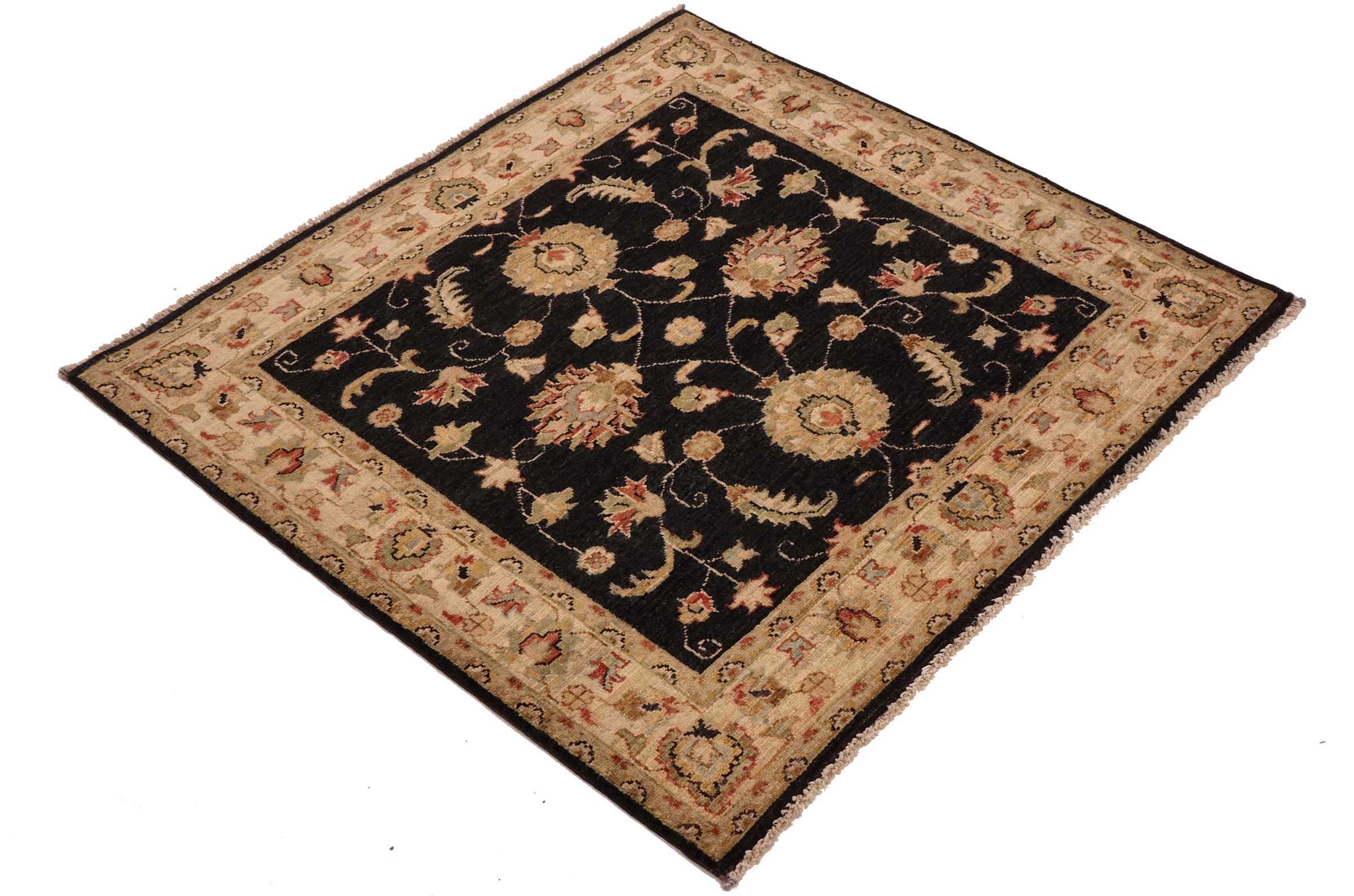 Chobi Ziegler Teppich 100x100 Handgeknüpft Quadratisch Beige Floral Orientalisch UNIKAT