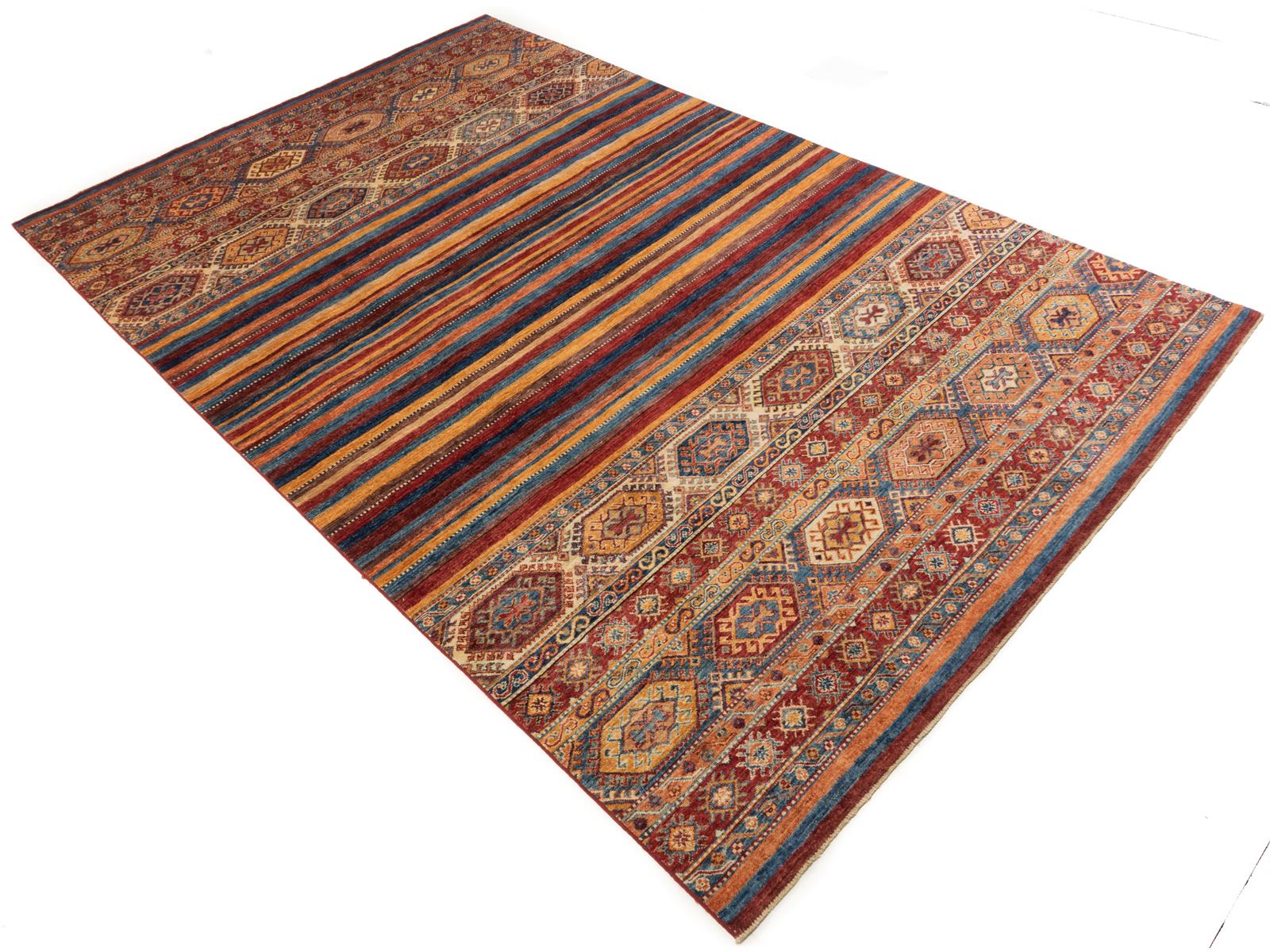 Afghan Ziegler Khorjin 210x320 Handgeknüpft Teppich Mehrfarbig Linien Kurzflor