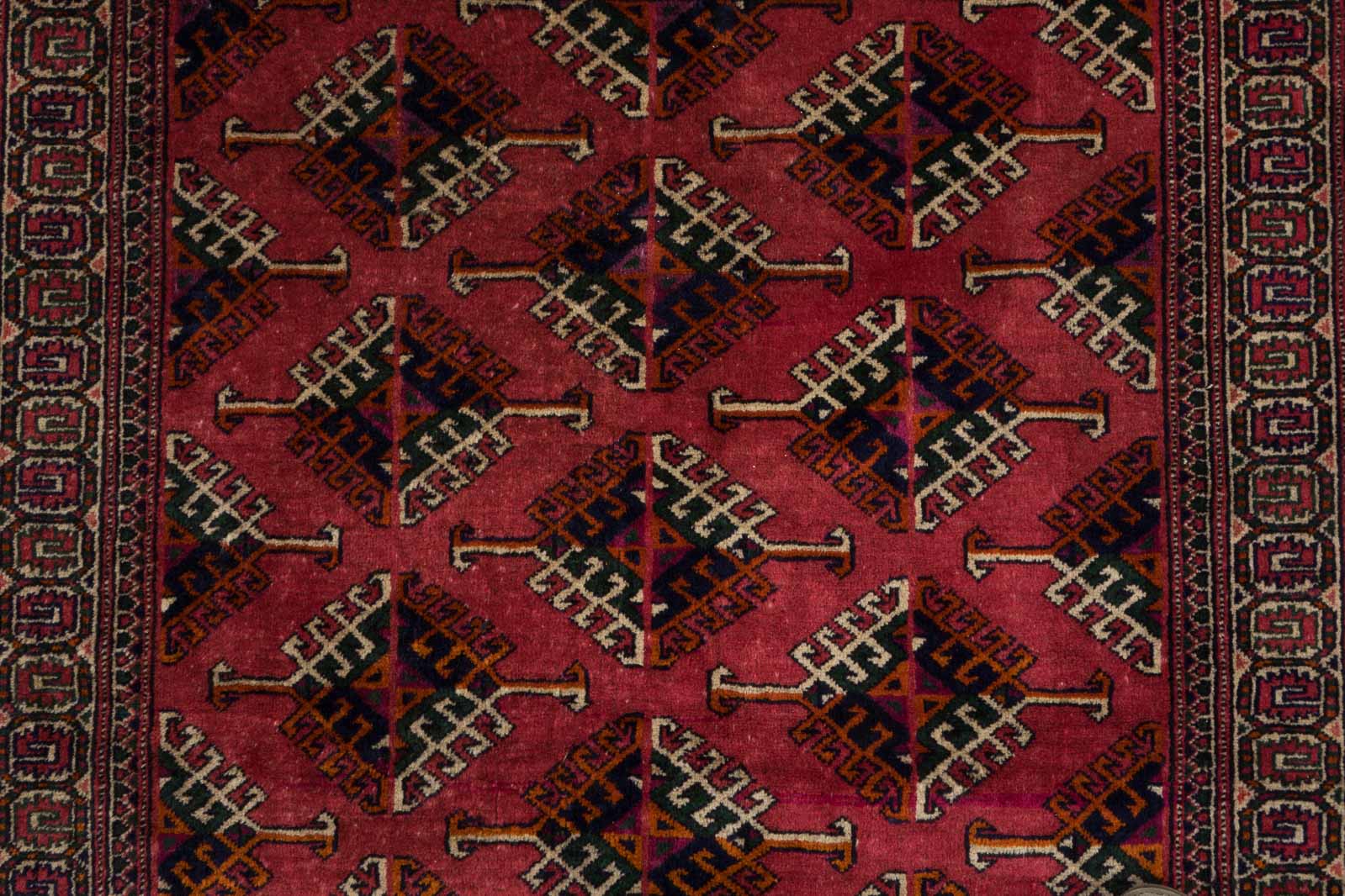Caucasus Bukhara Rug 100x150 Hand Knotted Red Geometric Pattern Orient Short Pile