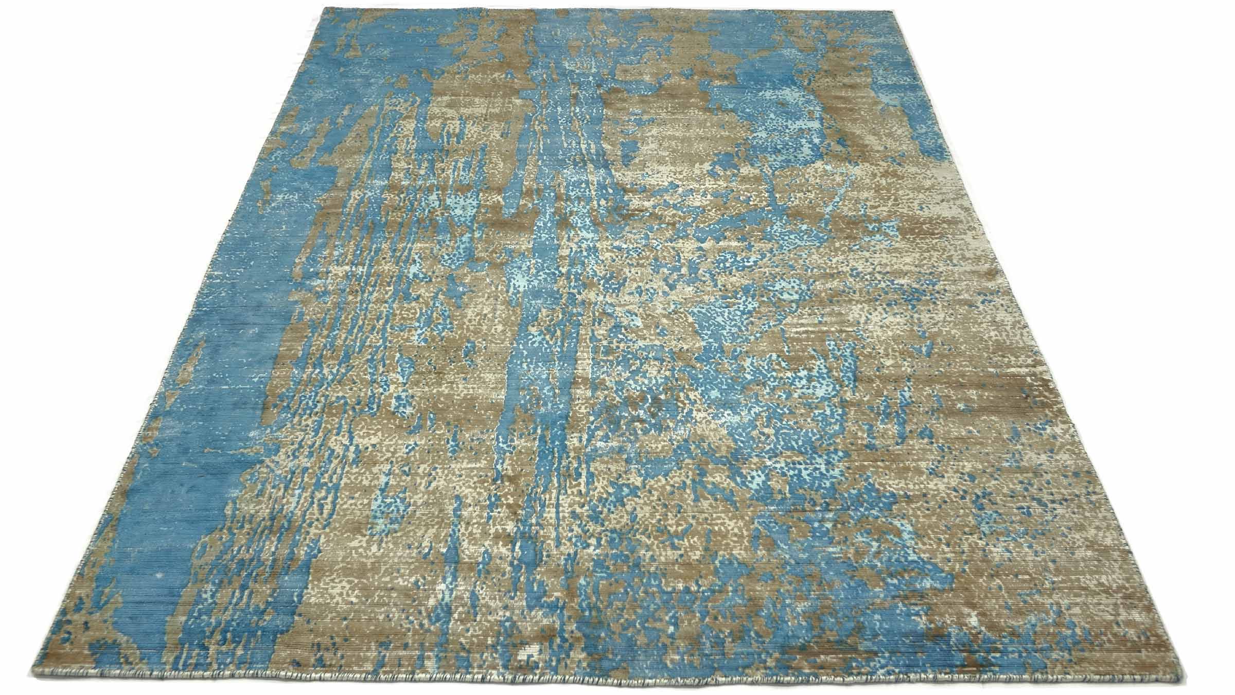 Handloom Vintage 230x160 Handgewebt Teppich 160x230 Blau Braun Abstrakt Handarbeit Orient
