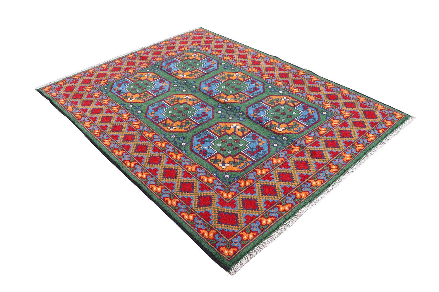 Afghan Akcha Rang Dar Teppich 150x200 Handgeknüpft Grün Durchgemustert Orient Kurzflor