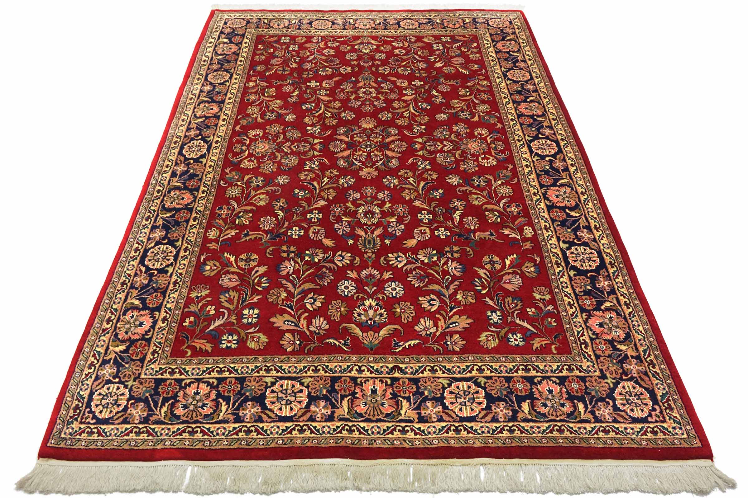 Sarough Teppich 200x380 Handgeknüpft Rot Floral Wolle Kurzflor Rug