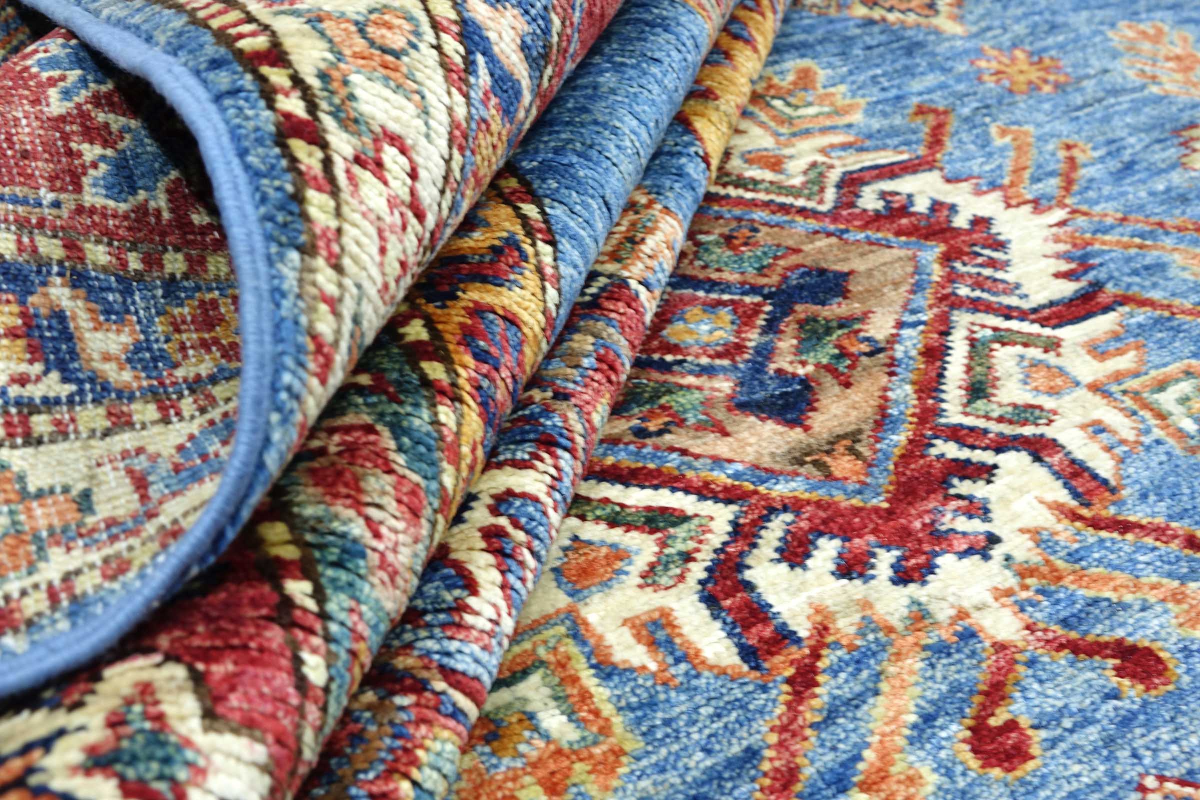 Afghan Feiner Kazak Teppich 250x300 Handgeknüpft Blau Geometrisch Orient Kurzflor