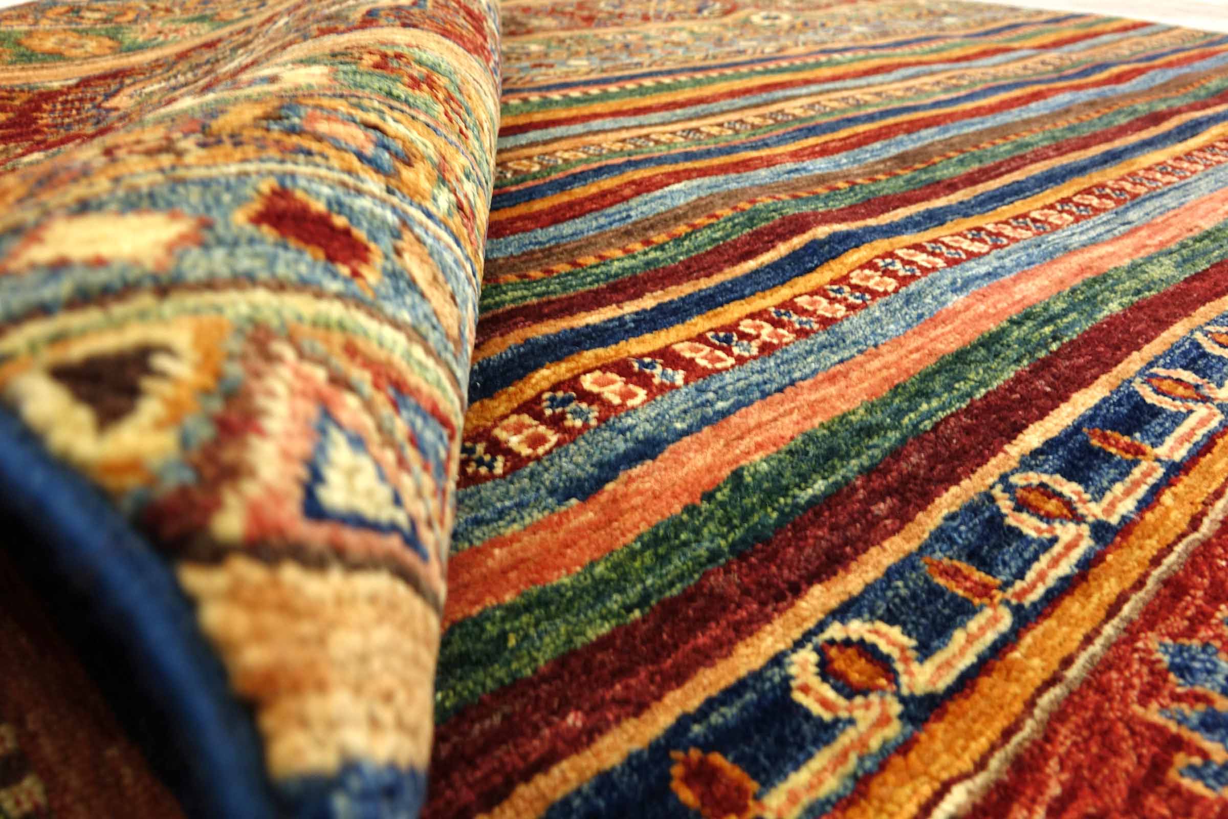 Afghan Khorjin Shaal 200x300 Handgeknüpft Orientteppich Bunt Streifen Wolle