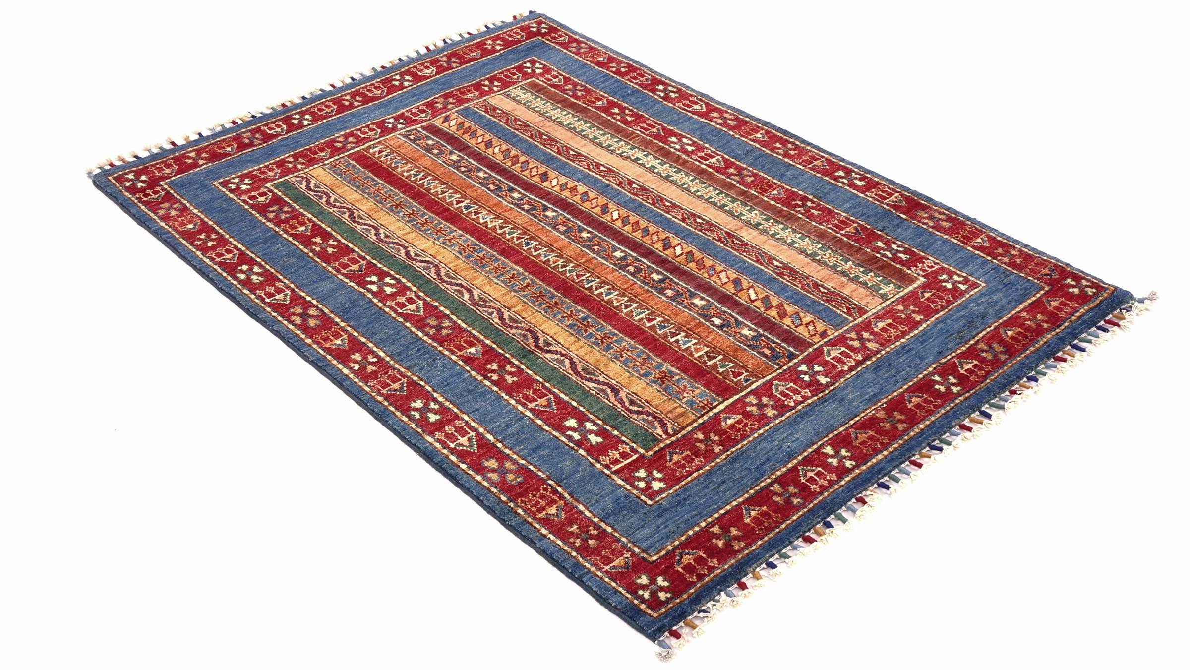 Afghan Khorjin Shaal Teppich 100x150 Handgeknüpft Blau Streifen Orient Kurzflor