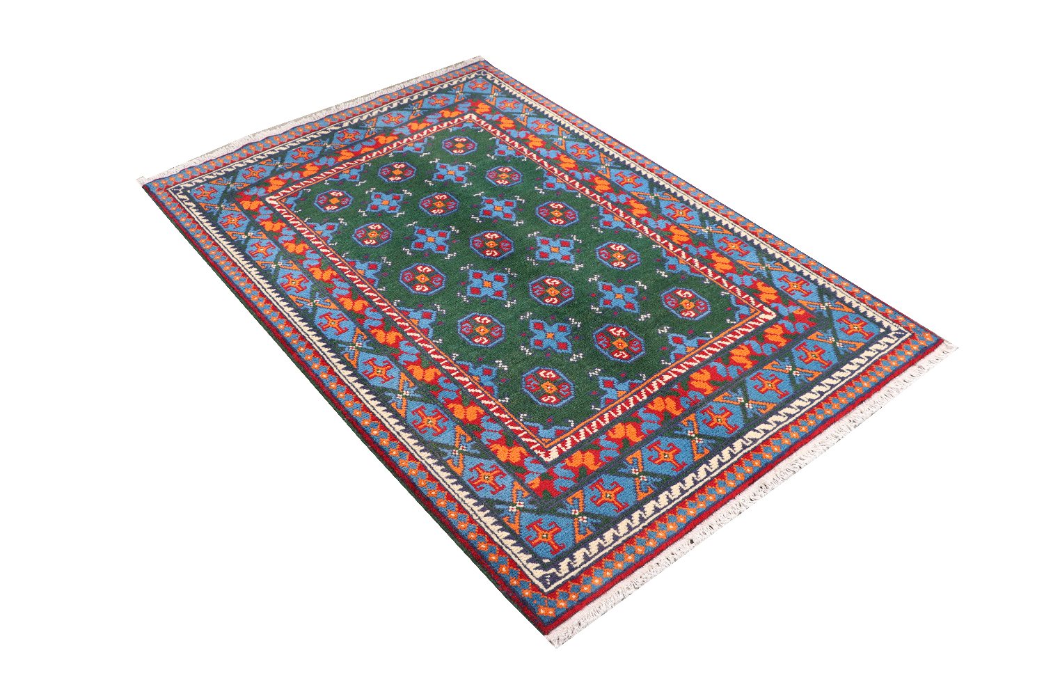 Afghan Akcha Rang Dar Teppich 100x150 Handgeknüpft Grün Durchgemustert Orient Kurzflor