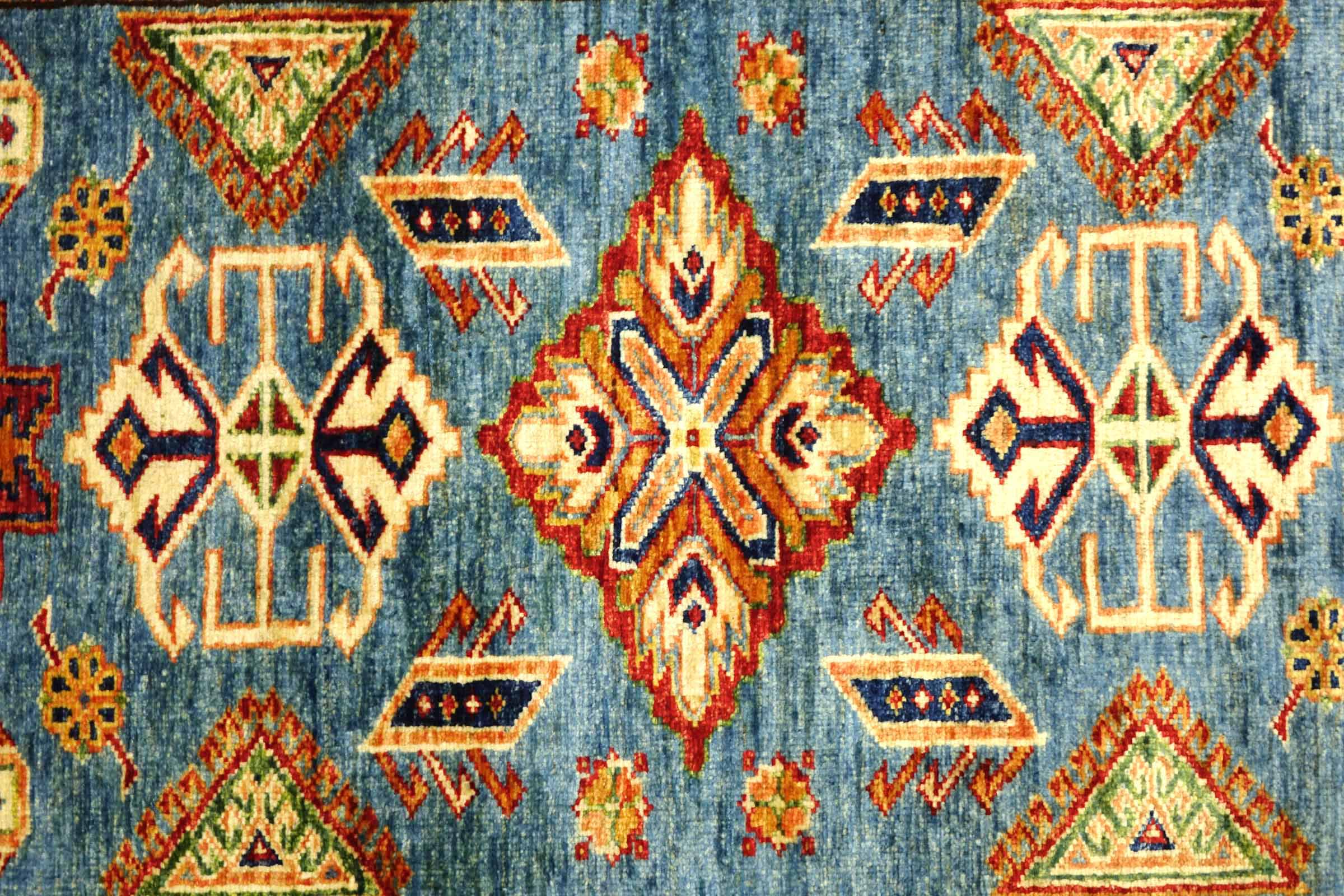 Afghan Kazak Fein 100x150 Handgeknüpft Orientteppich Blau Umrandung Wolle