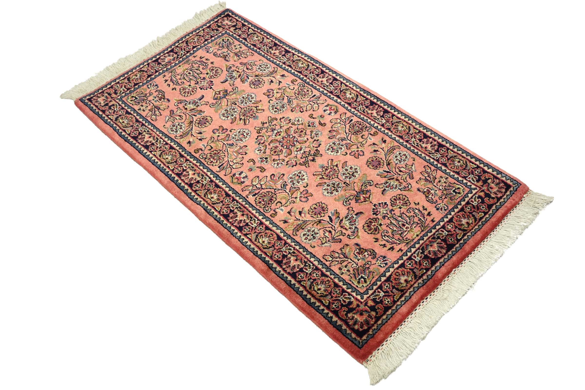 Sarough Teppich 70x140 Handgeknüpft Rosa Floral Wolle Kurzflor Rug