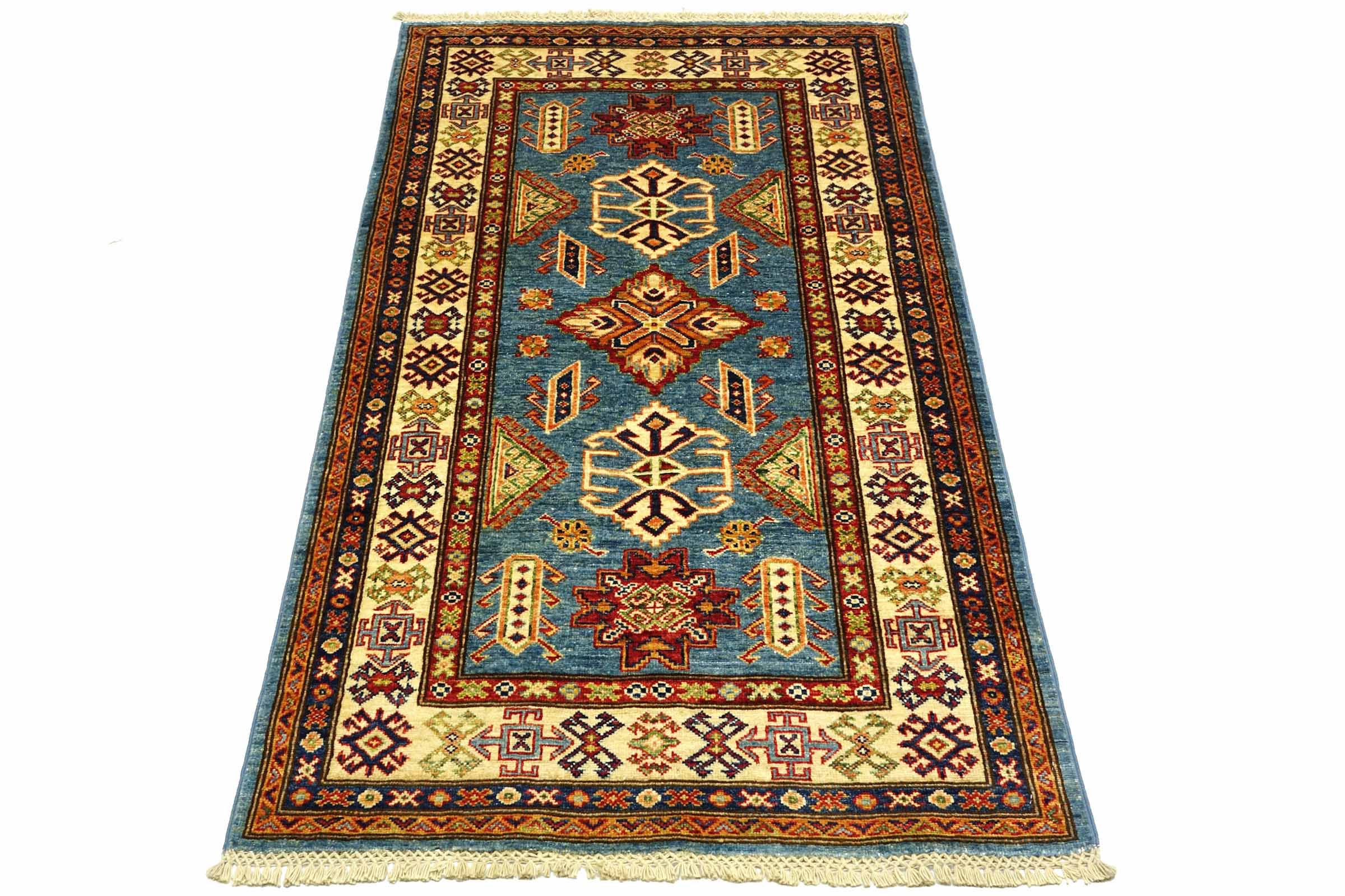 Afghan Kazak Fein 100x150 Handgeknüpft Orientteppich Blau Umrandung Wolle
