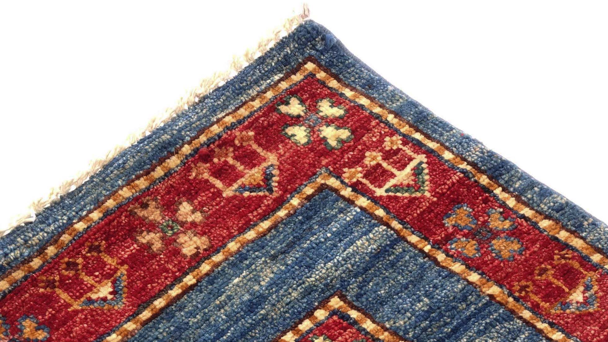 Afghan Khorjin Shaal Teppich 100x150 Handgeknüpft Blau Streifen Orient Kurzflor