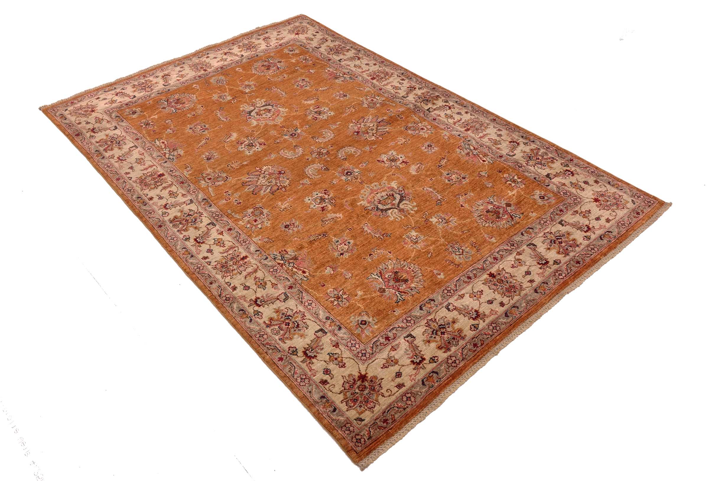 Chobi Ziegler Teppich 170x250 Handgeknüpft Orange Floral Orientalisch UNIKAT Kurzflor