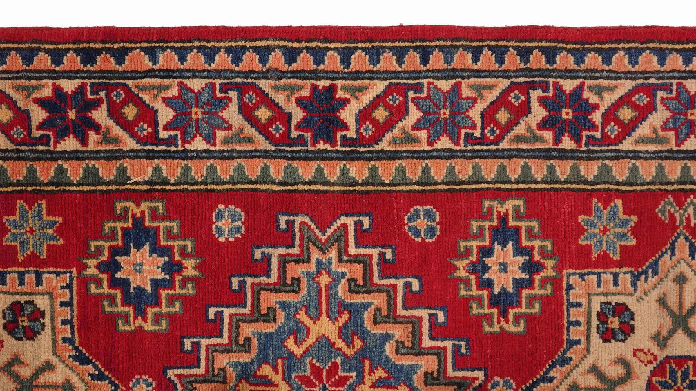 Kazak Teppich 80x240 Handgeknüpft Läufer rot Geometrisch Orientalisch UNIKAT Kurzflor