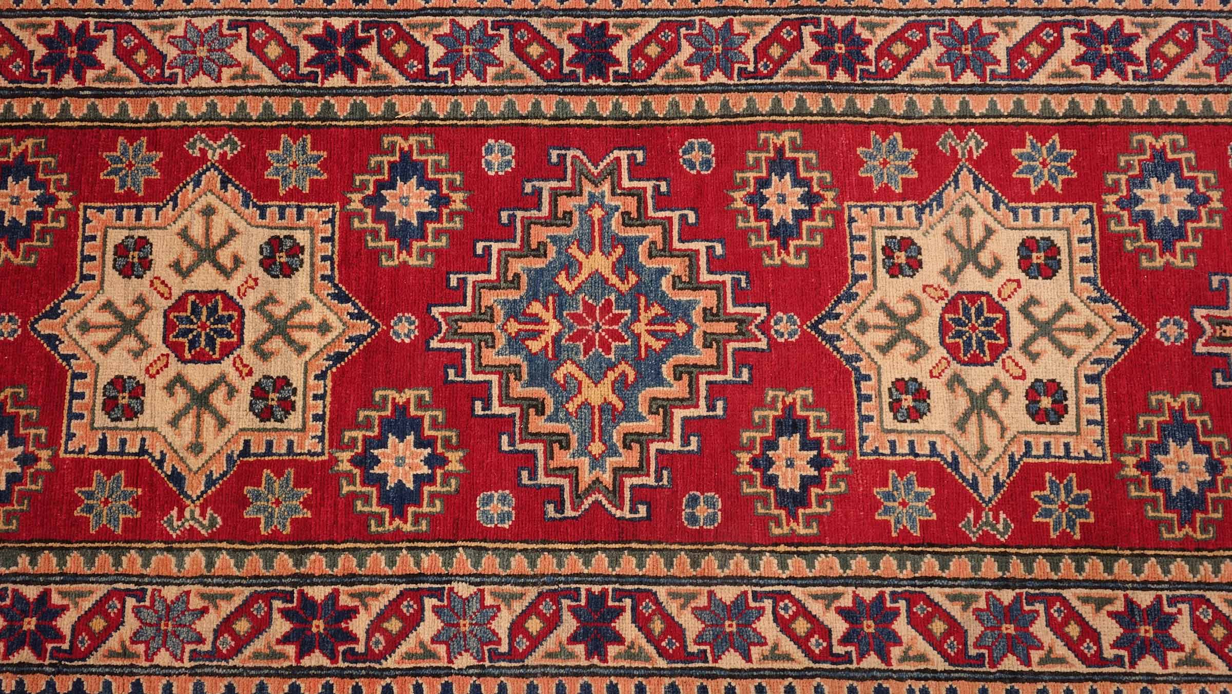 Kazak Teppich 80x240 Handgeknüpft Läufer rot Geometrisch Orientalisch UNIKAT Kurzflor