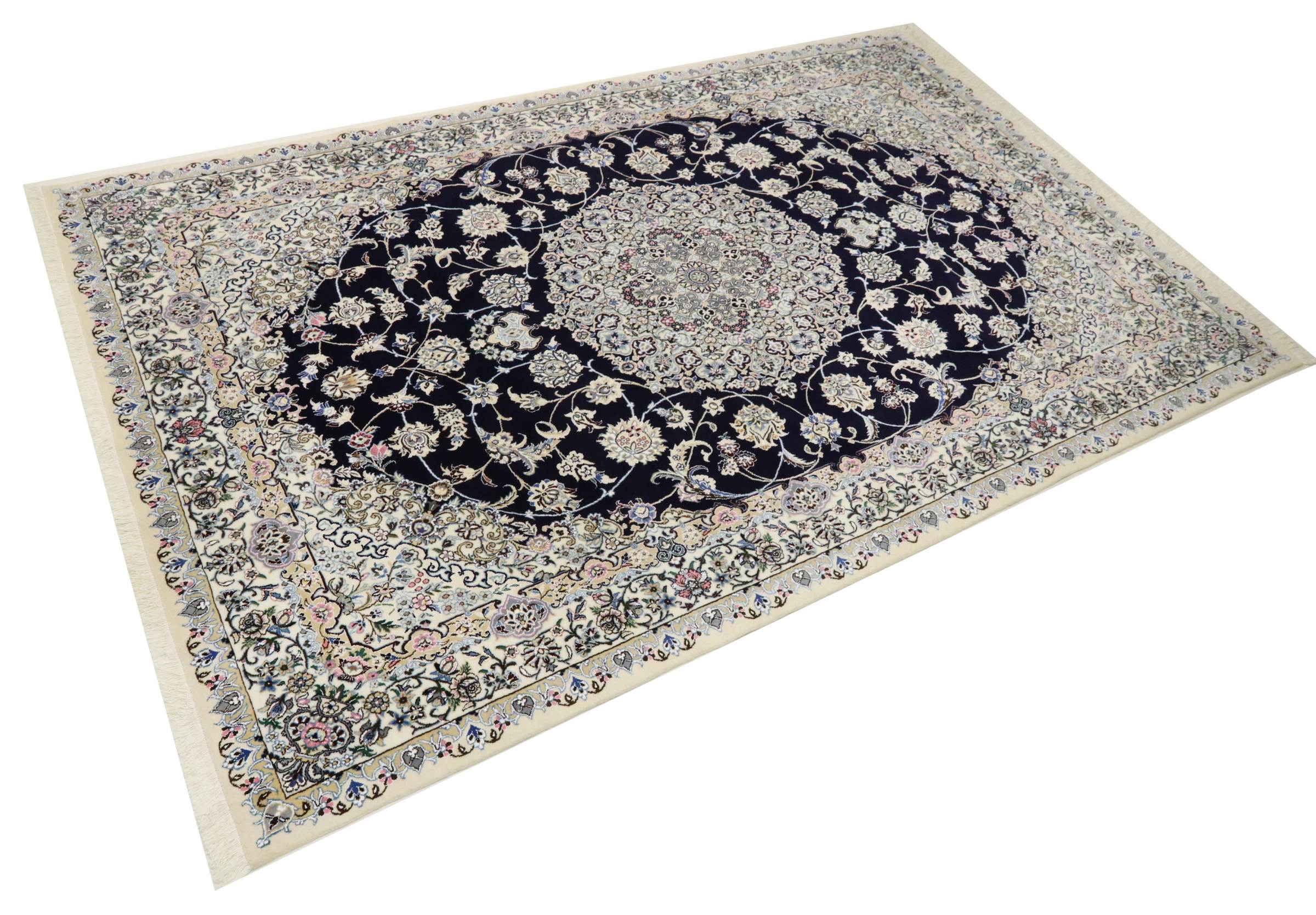 Perserteppich Nain 9LA 200x300 Handgeknüpft Dunkelblau Medaillon Orientalisch UNIKAT