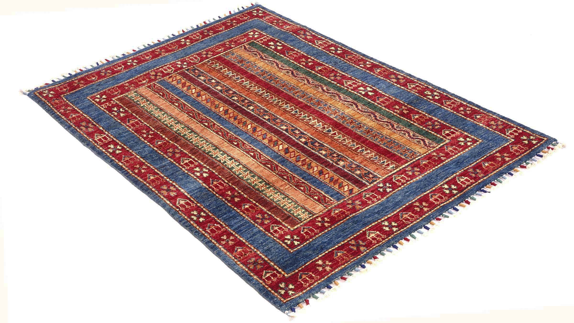 Afghan Khorjin Shaal Teppich 100x150 Handgeknüpft Blau Streifen Orient Kurzflor