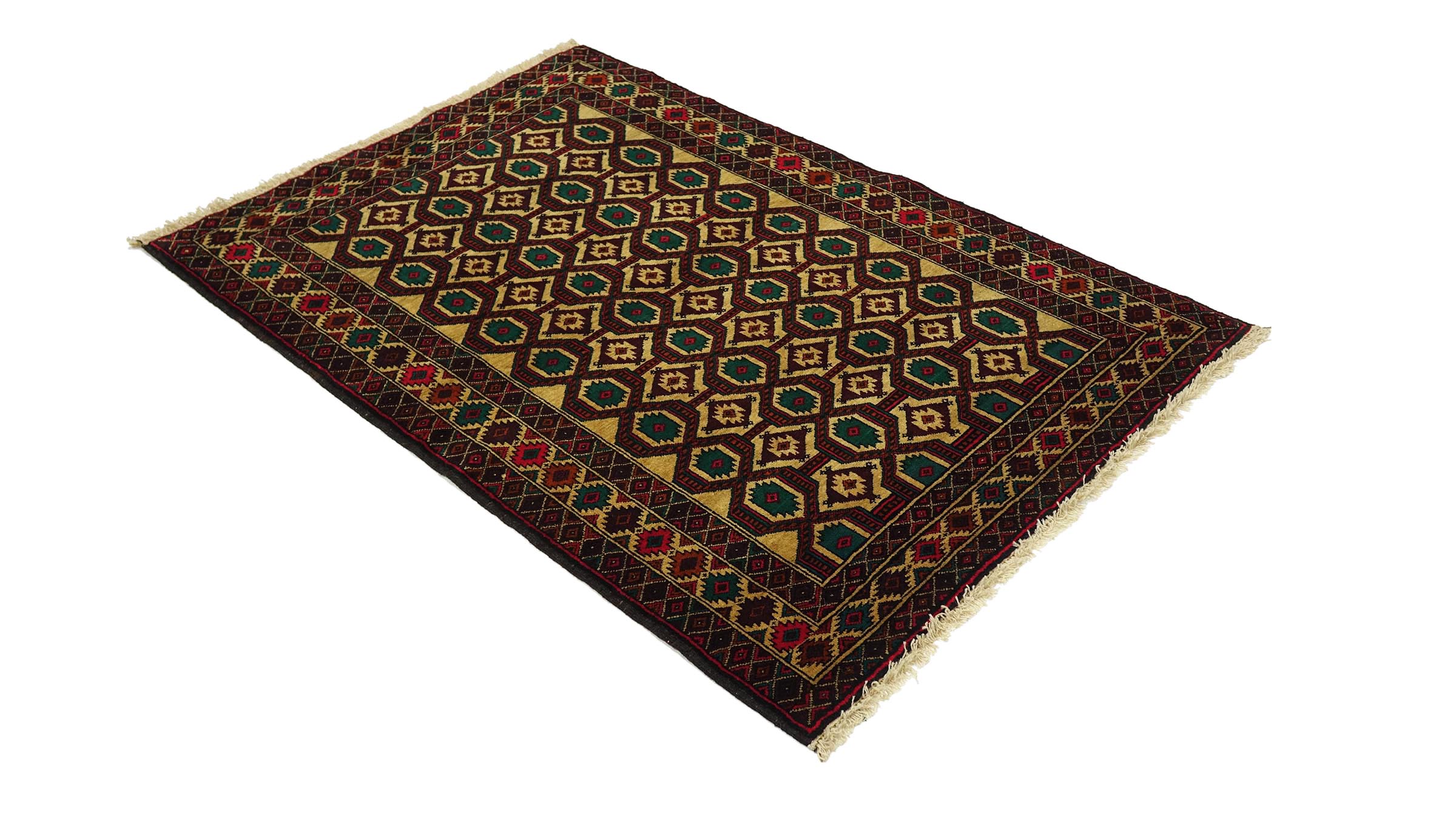 Afghan Teppich 90x140 Handgeknüpft Beige Geometrisch Orient Kurzflor Wohnzimmer