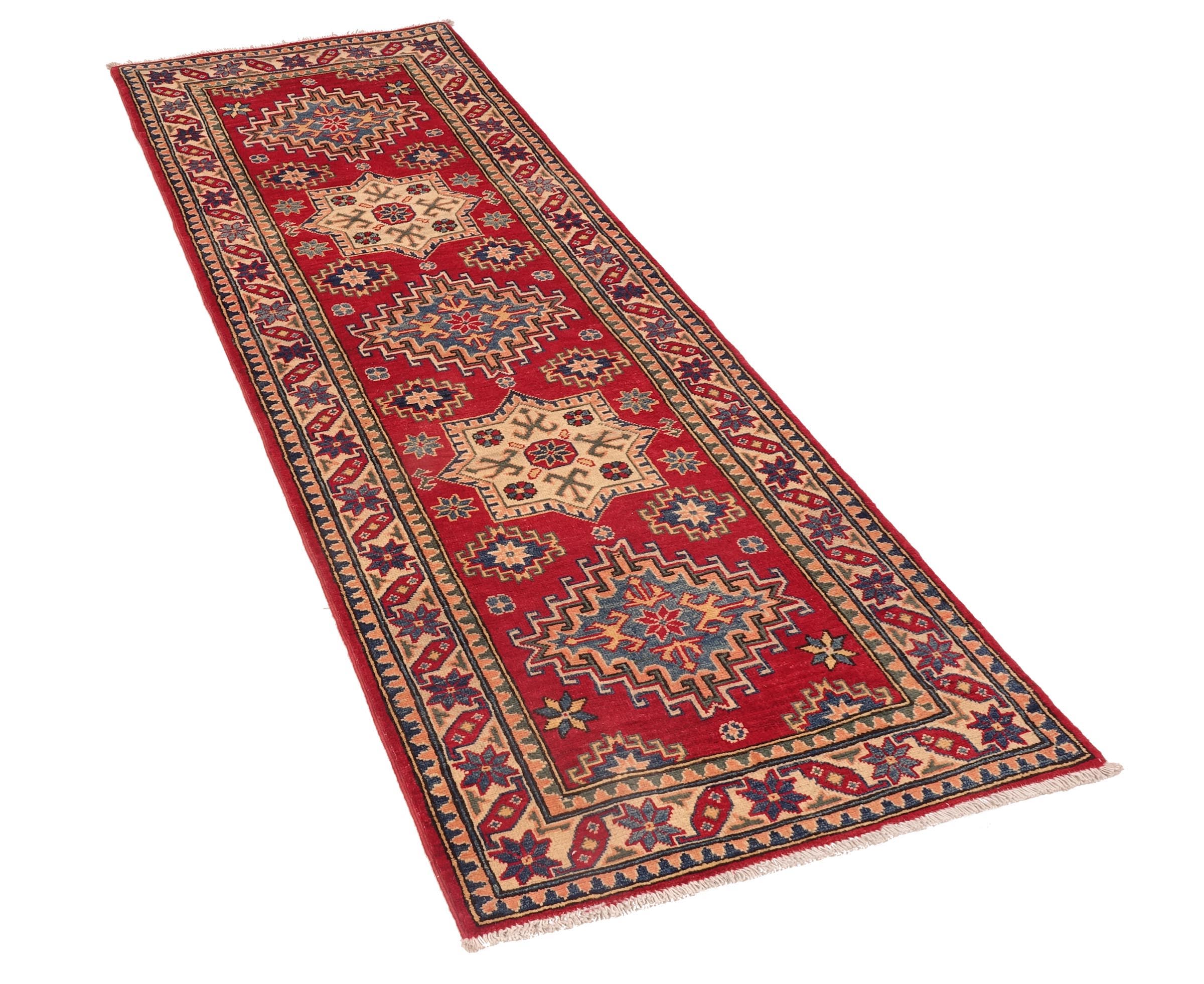 Kazak Teppich 80x240 Handgeknüpft Läufer rot Geometrisch Orientalisch UNIKAT Kurzflor