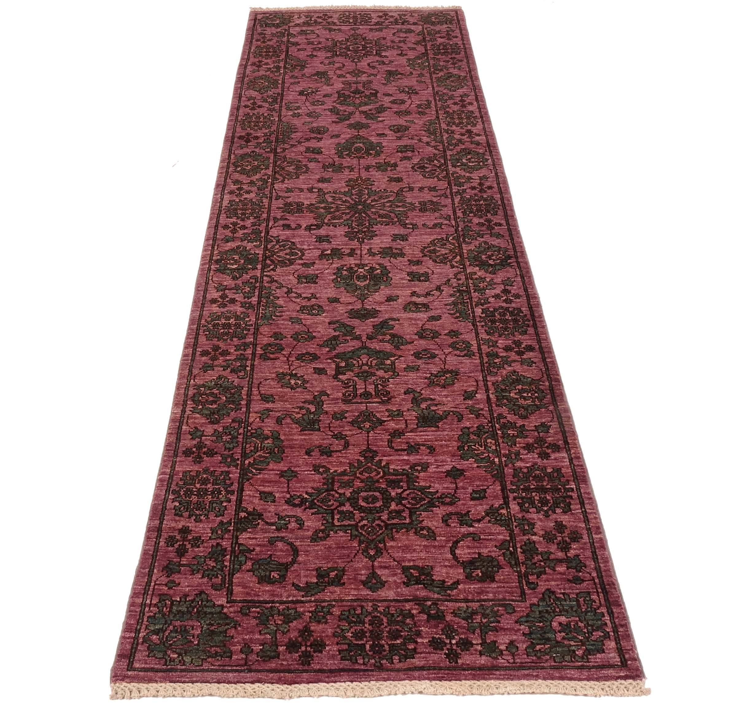 Chobi Ziegler Teppich 80x300 Handgeknüpft Läufer Rosa Floral Orientalisch UNIKAT