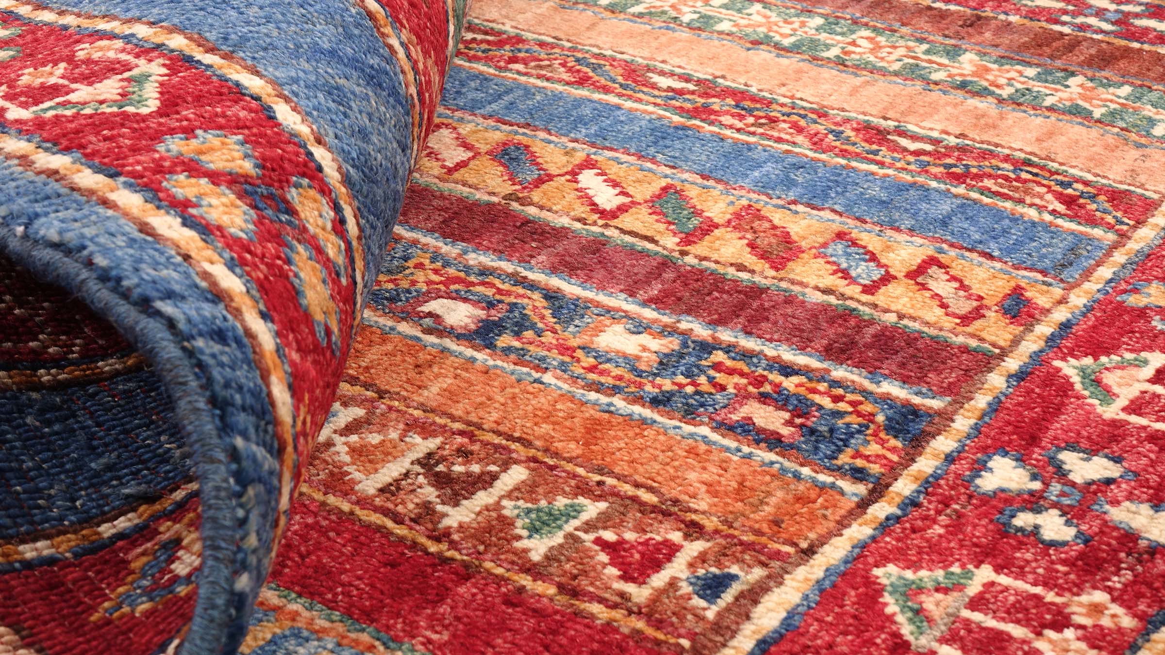 Afghan Khorjin Shaal Teppich 100x150 Handgeknüpft Blau Streifen Orient Kurzflor