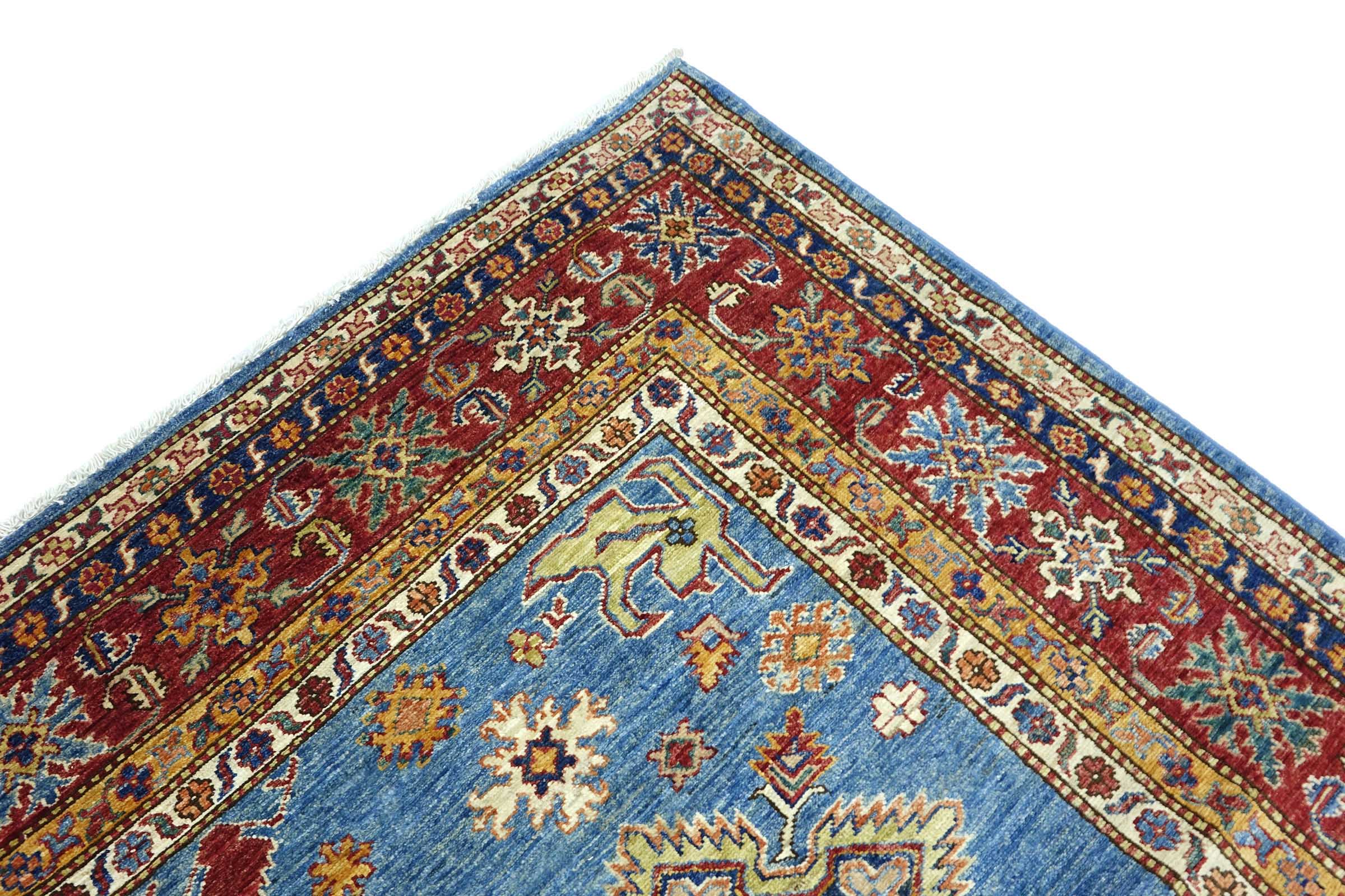 Afghan Feiner Kazak Teppich 240x340 Handgeknüpft Blau Geometrisch Orient Kurzflor