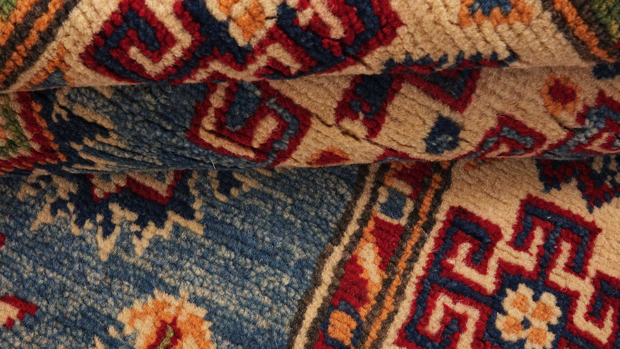 Kazak Teppich 80x300 Handgeknüpft Läufer Blau Geometrisch Orientalisch UNIKAT Kurzflor