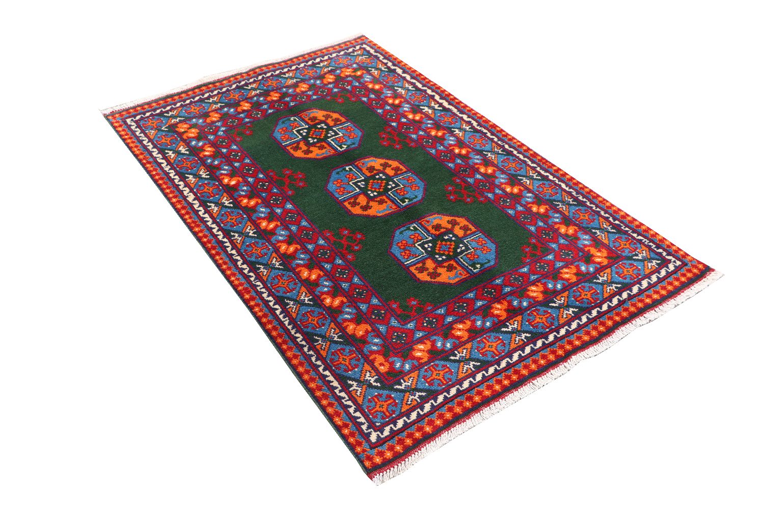 Afghan Akcha Rang Dar Teppich 100x150 Handgeknüpft Grün Durchgemustert Orient Kurzflor