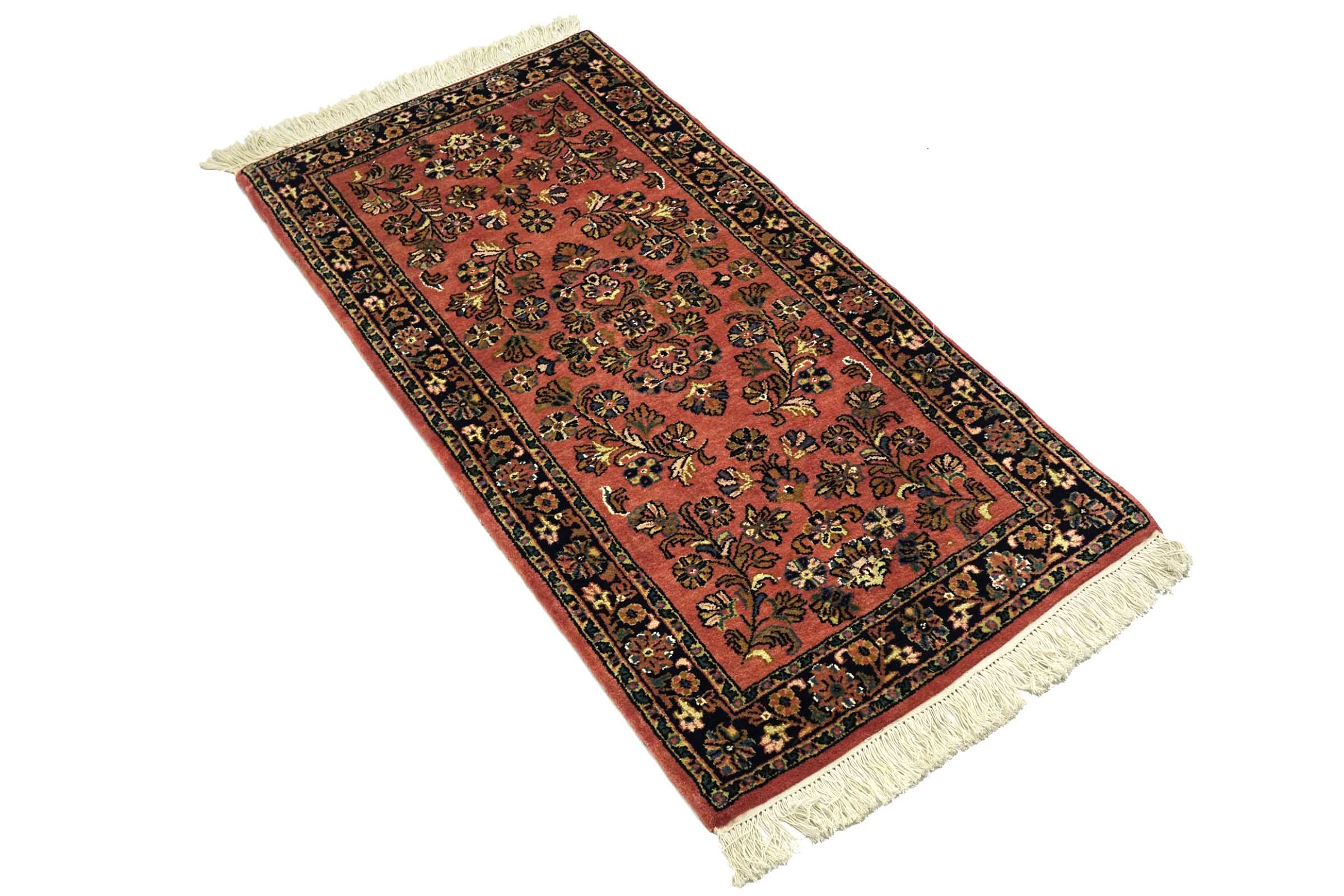 Sarough Teppich 70x140 Handgeknüpft Rosa Floral Wolle Kurzflor Rug