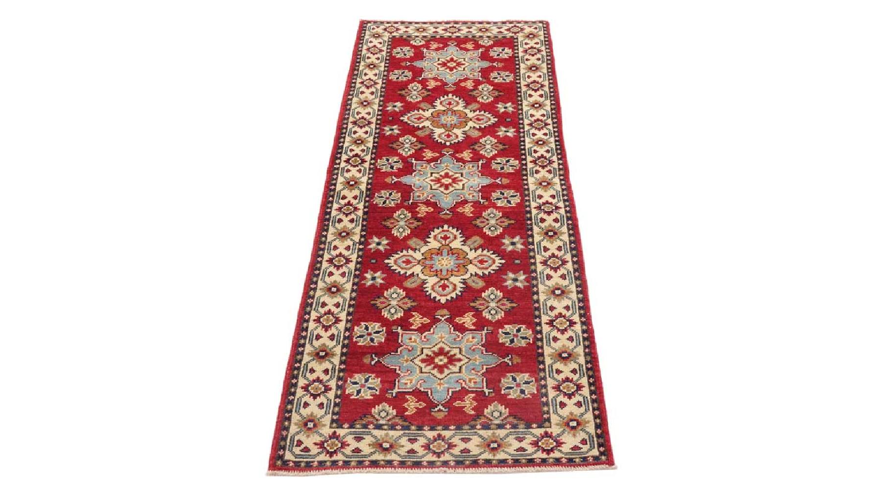 Kazak Teppich 60x170 Handgeknüpft Läufer rot Geometrisch Orientalisch UNIKAT Kurzflor