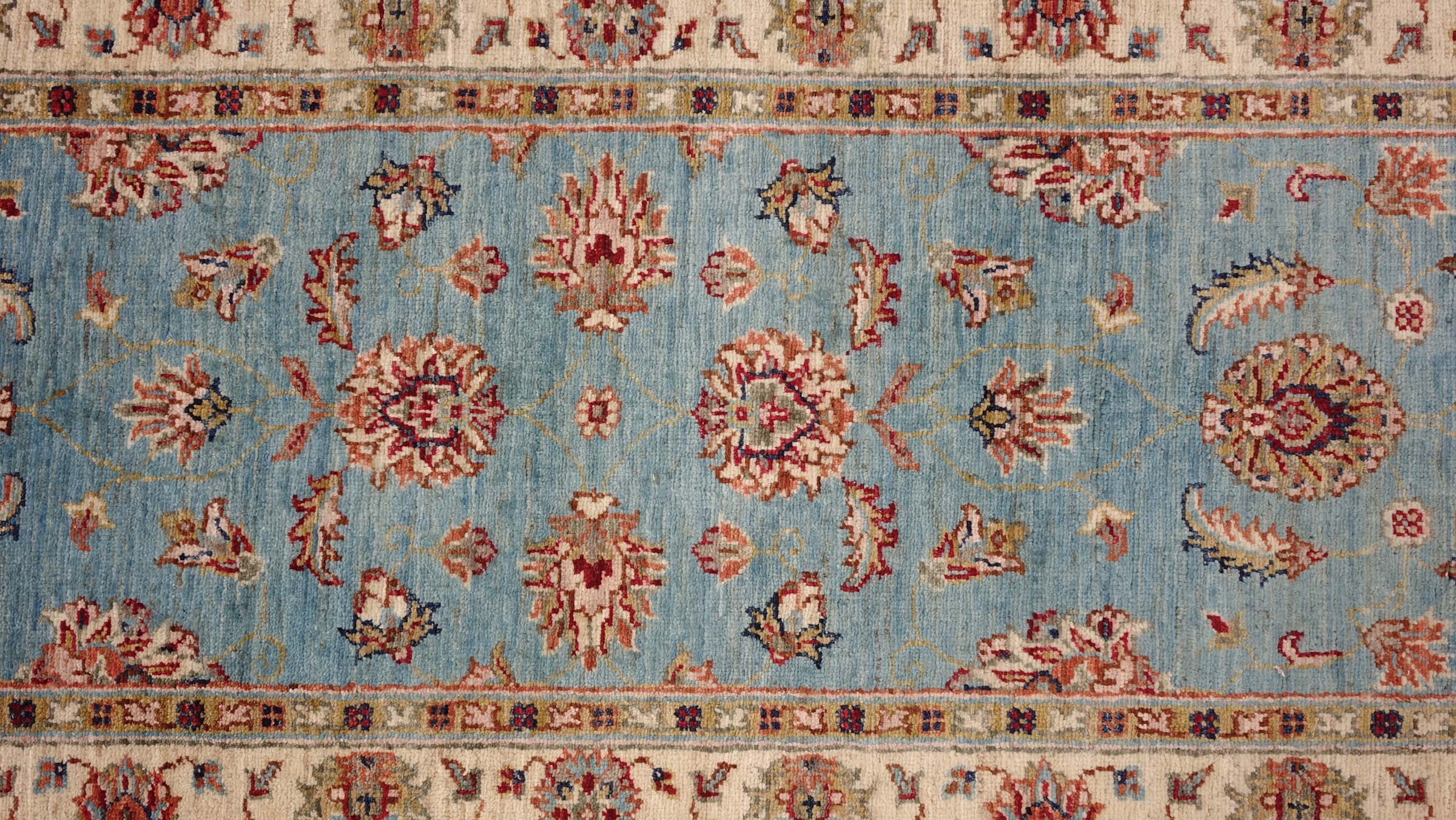 Chobi Ziegler Teppich 80x210 Handgeknüpft Läufer Blau Floral Orientalisch UNIKAT