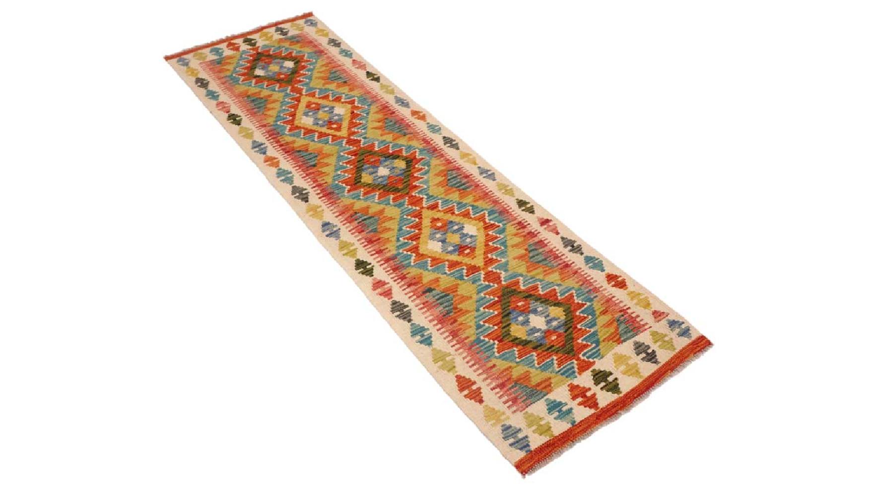 Maimana Kelim Teppich 60x200 Handgewebt Läufer Beige Geometrisch Handarbeit