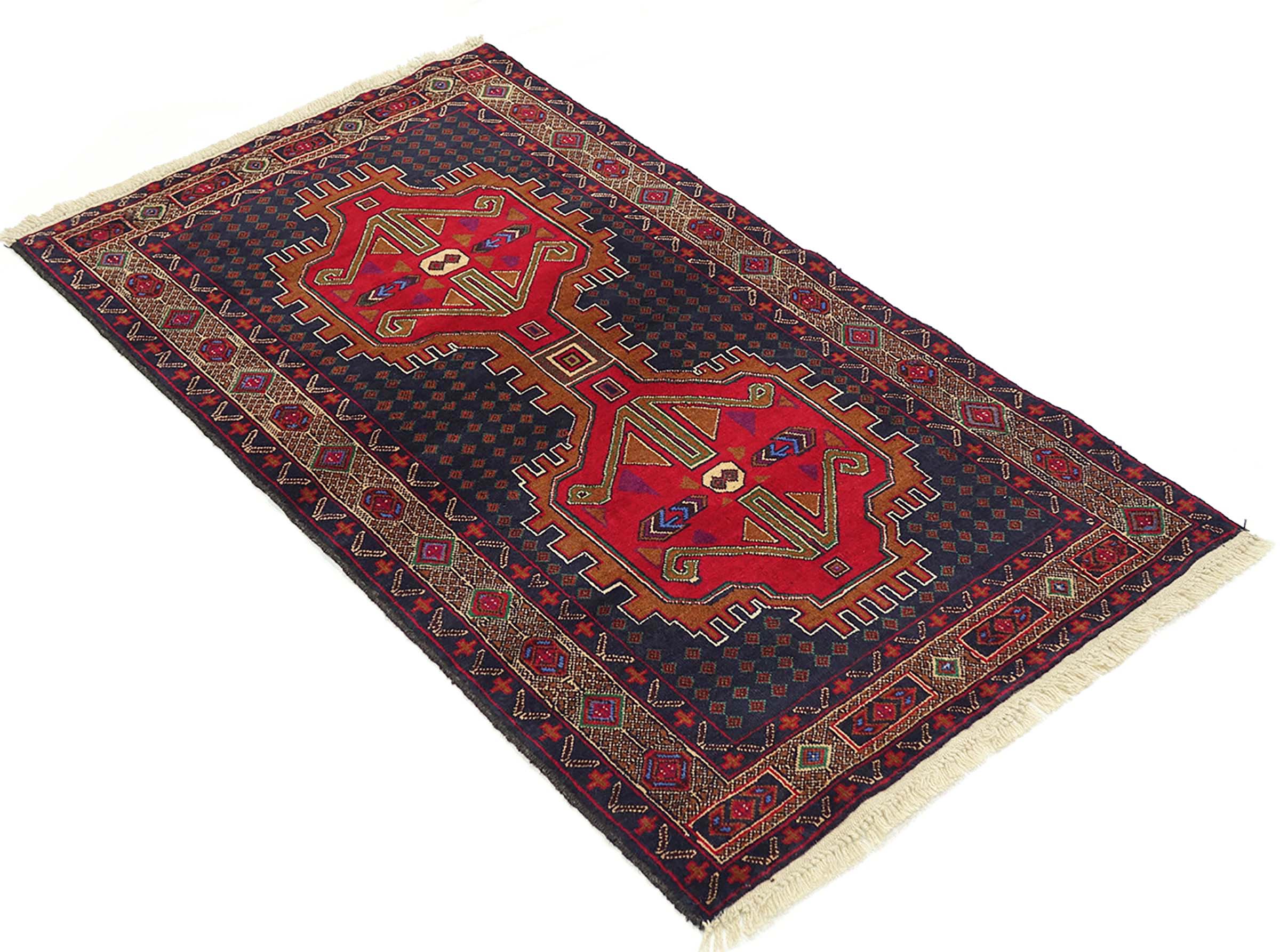 Afghan Teppich 80x150 Handgeknüpft Rot Geometrisch Orient Kurzflor Wohnzimmer