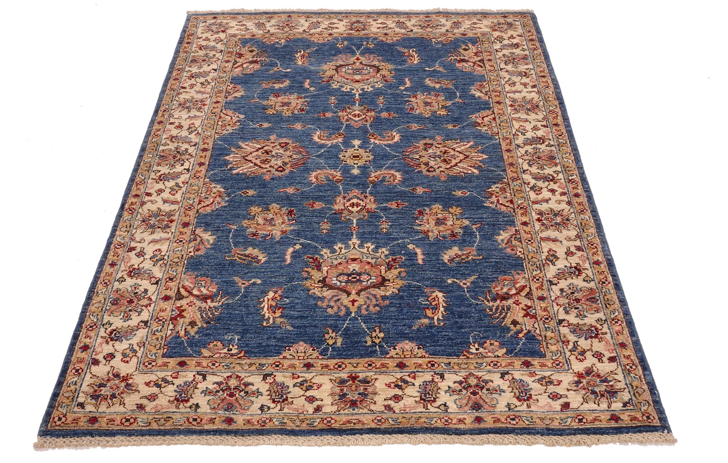Chobi Ziegler Teppich 120x180 Handgeknüpft Blau Floral Orientalisch UNIKAT Kurzflor