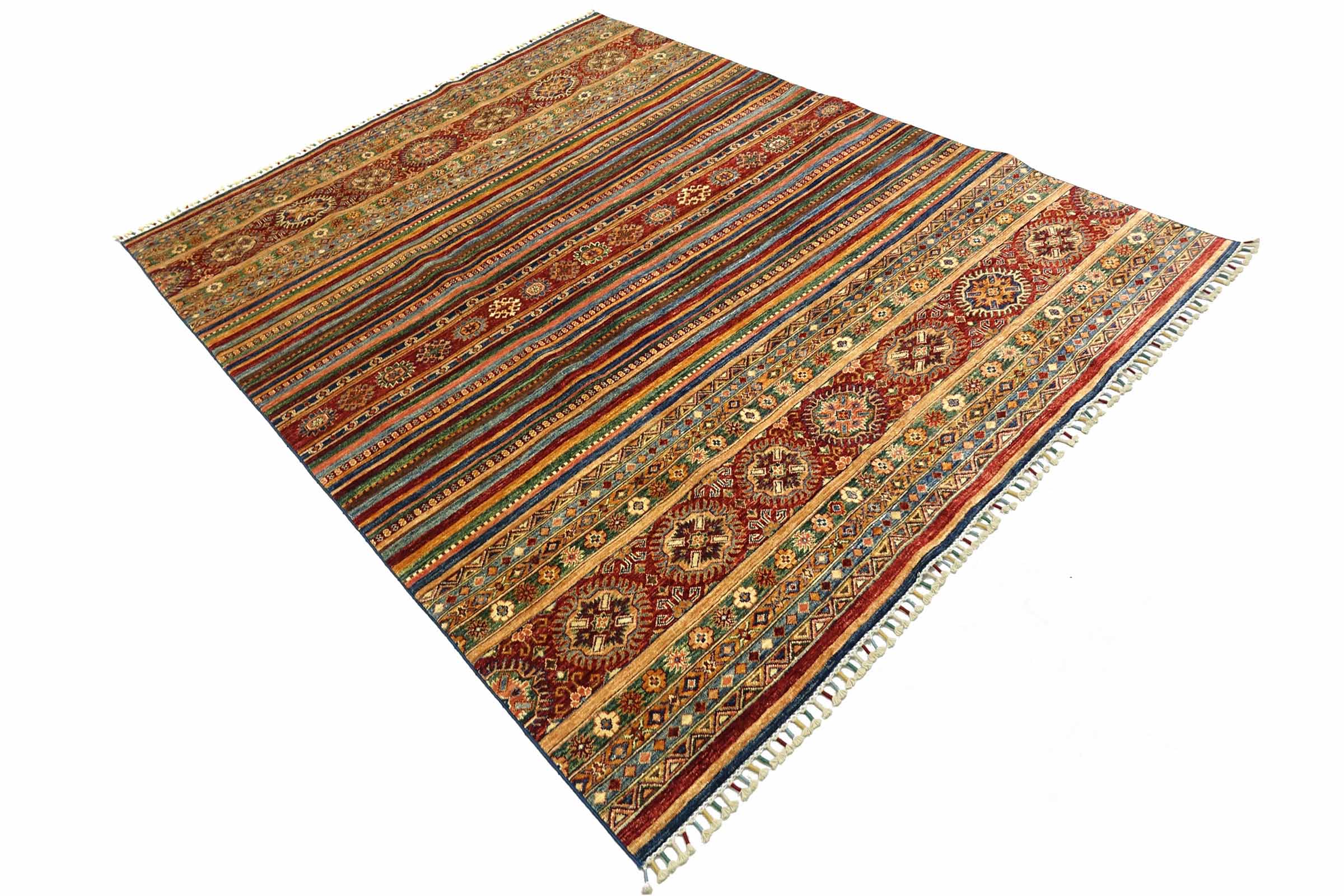 Afghan Khorjin Shaal 200x300 Handgeknüpft Orientteppich Bunt Streifen Wolle