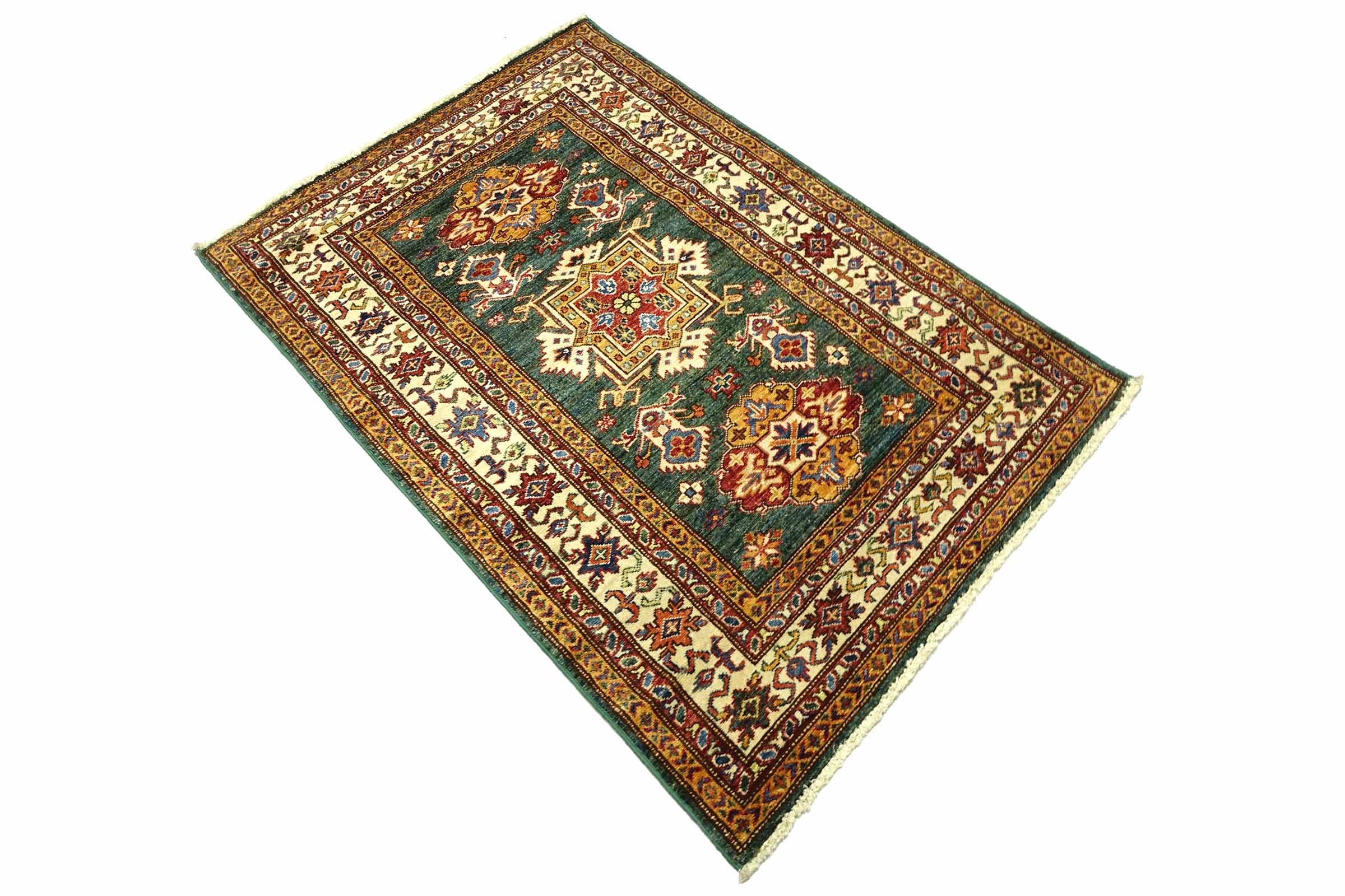 Afghan Kazak Fein 100x150 Handgeknüpft Orientteppich grün Umrandung Wolle