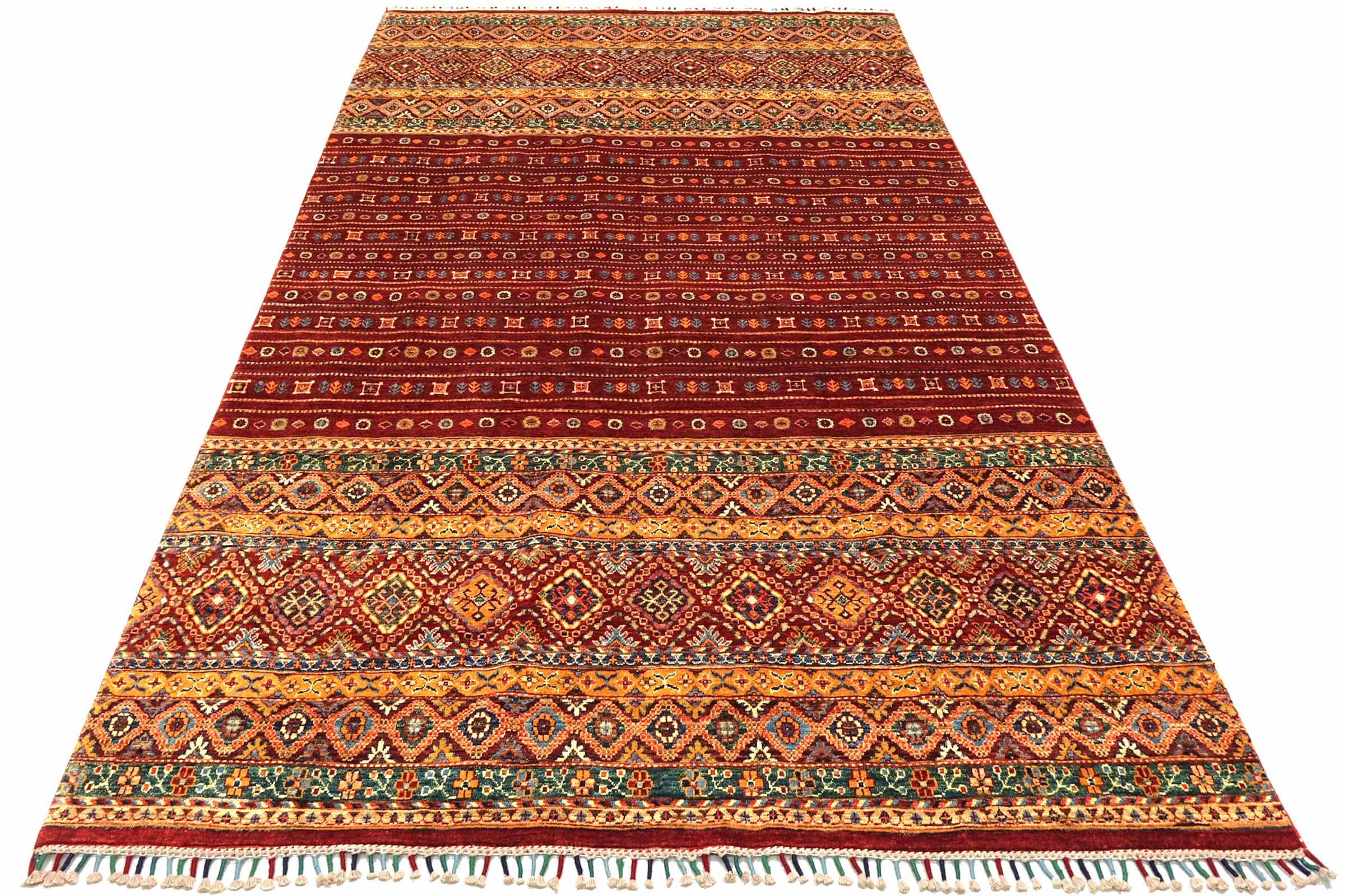 Afghan Khorjin Shaal 200x300 Handgeknüpft Orientteppich Rot Streifen Wolle