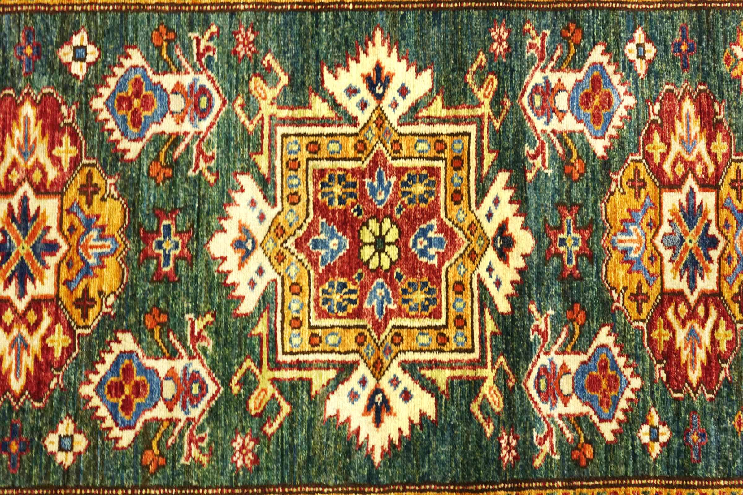 Afghan Kazak Fein 100x150 Handgeknüpft Orientteppich grün Umrandung Wolle