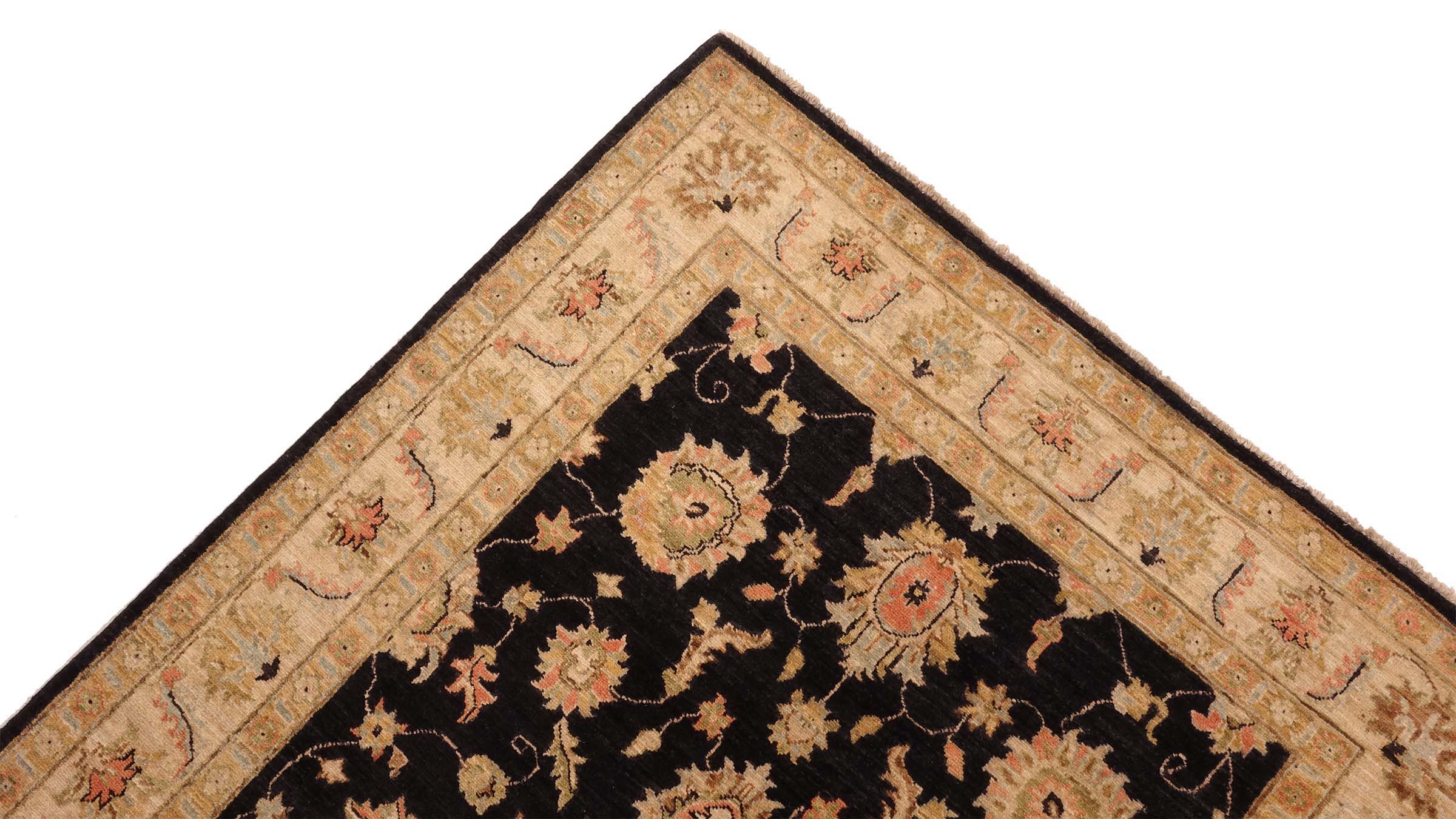 Chobi Ziegler Teppich 130x350 Handgeknüpft Läufer Schwarz Floral Orientalisch UNIKAT