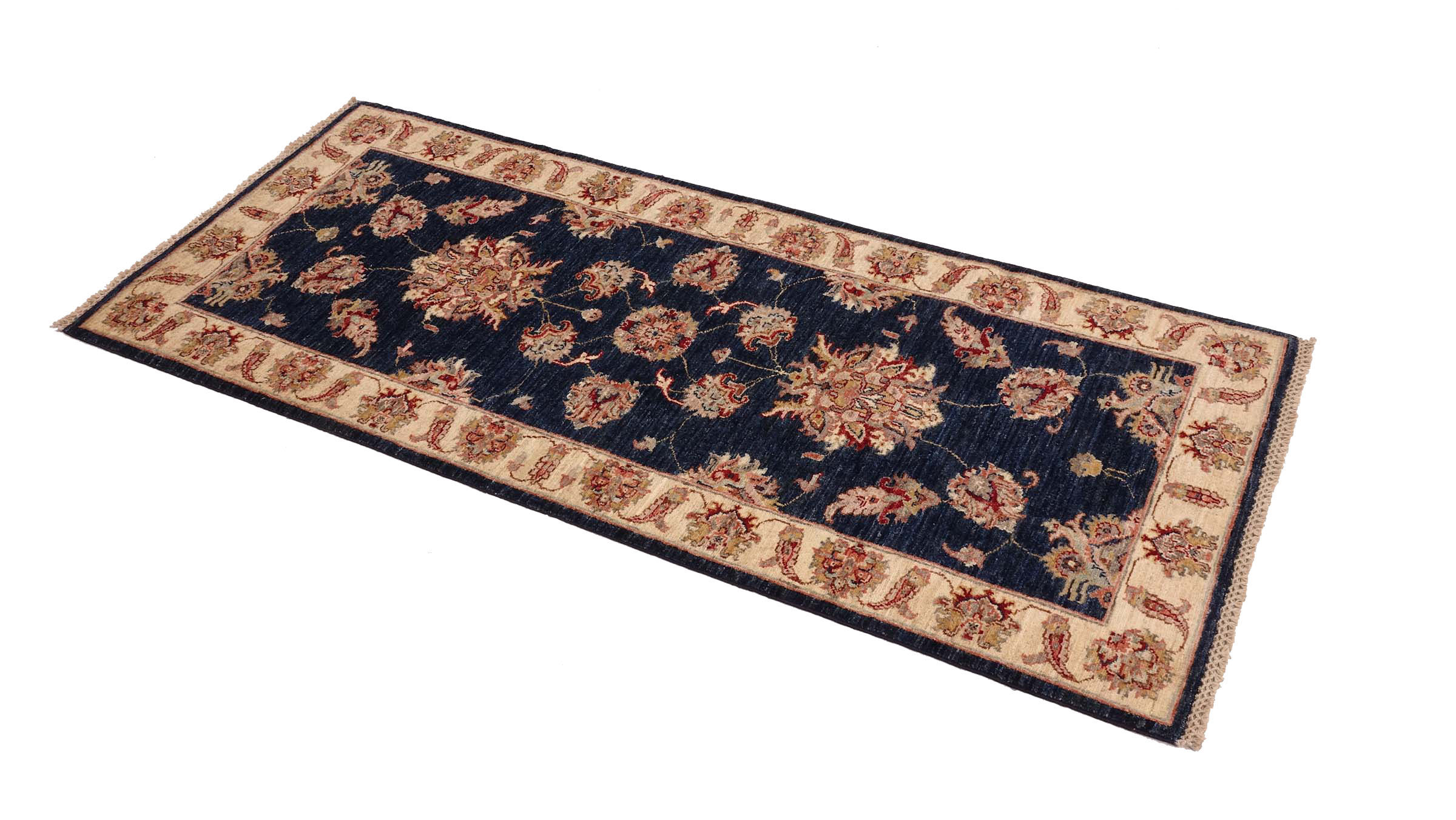 Chobi Ziegler Teppich 80x190 Handgeknüpft Blau Floral Orientalisch UNIKAT Kurzflor
