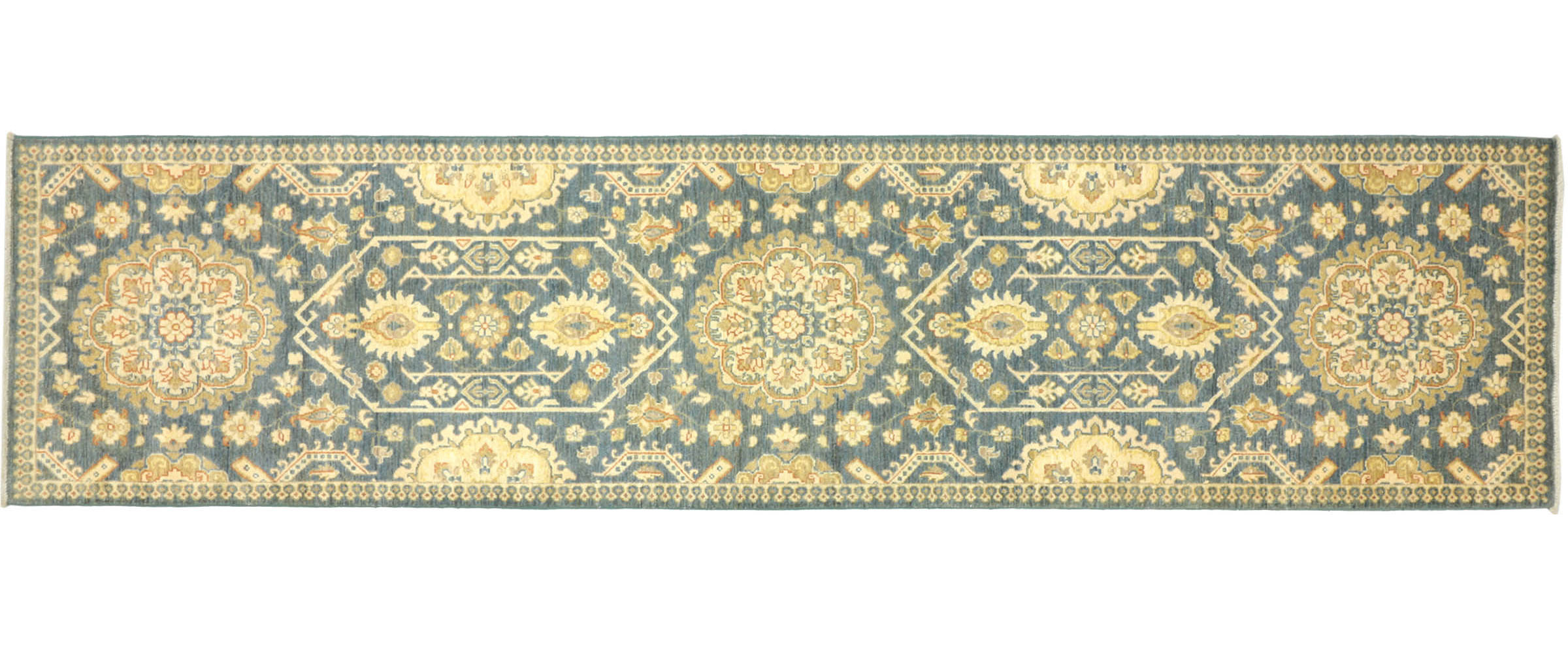 Afghan Chobi Ziegler 80x320 Handgeknüpft Orientteppich Läufer Blau Blumenmuster
