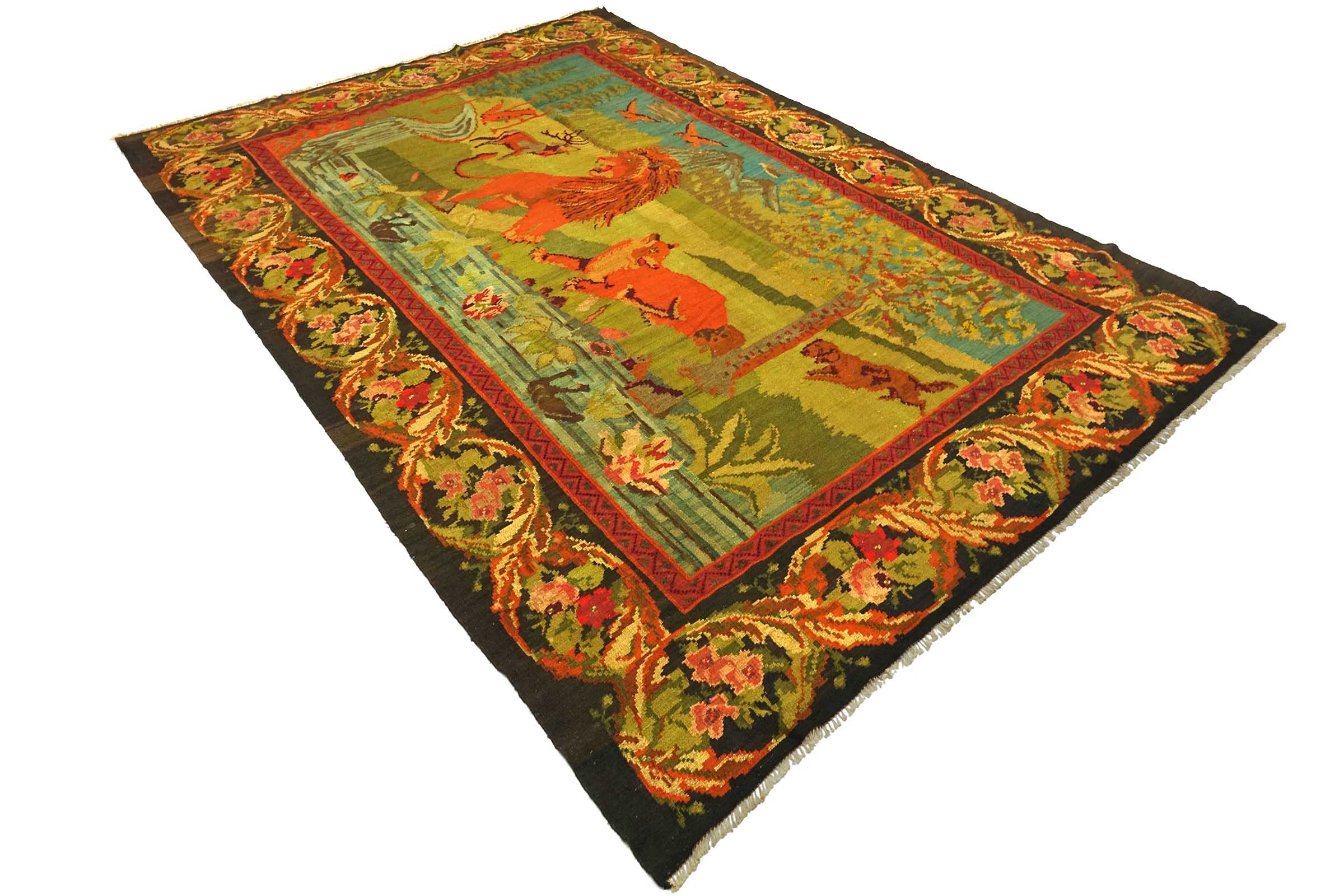 Moldawien Kelim Löwe 240x340 Handgewebt Teppich Bunt Tiermotive Orient Wolle