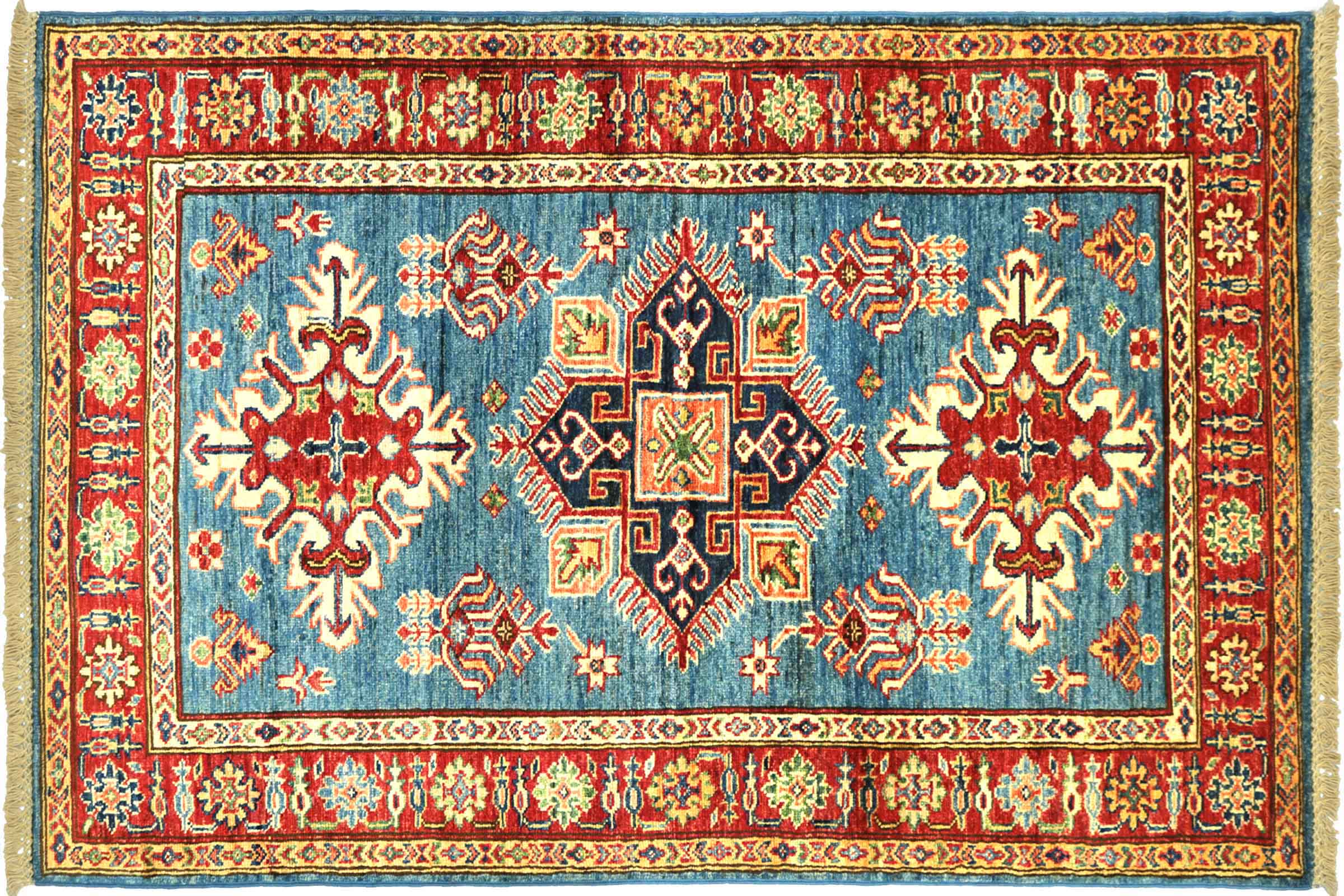 Afghan Kazak Fein 100x150 Handgeknüpft Orientteppich Blau Umrandung Wolle