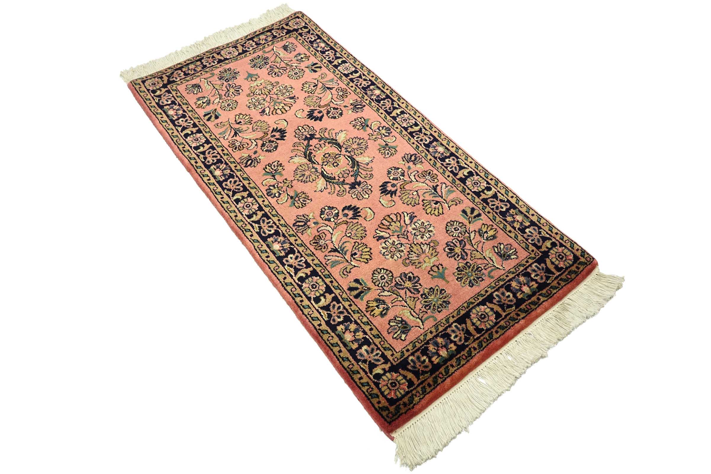 Sarough Teppich 70x140 Handgeknüpft Rosa Floral Wolle Kurzflor Rug