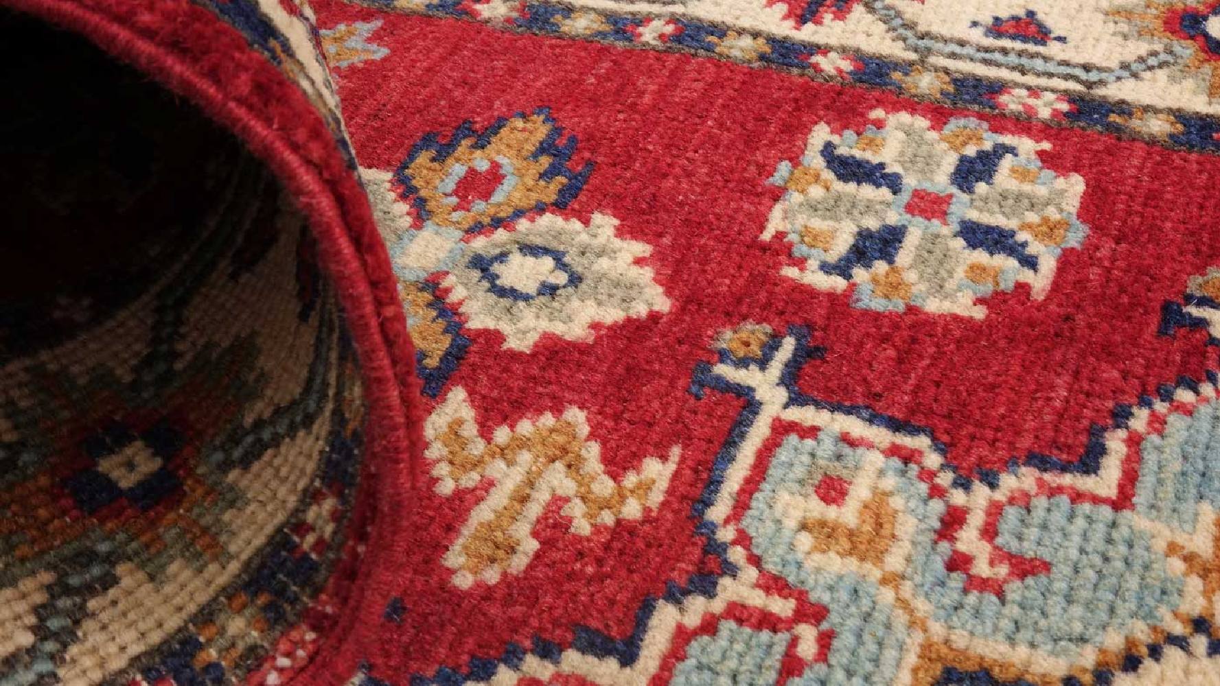 Kazak Teppich 60x170 Handgeknüpft Läufer rot Geometrisch Orientalisch UNIKAT Kurzflor