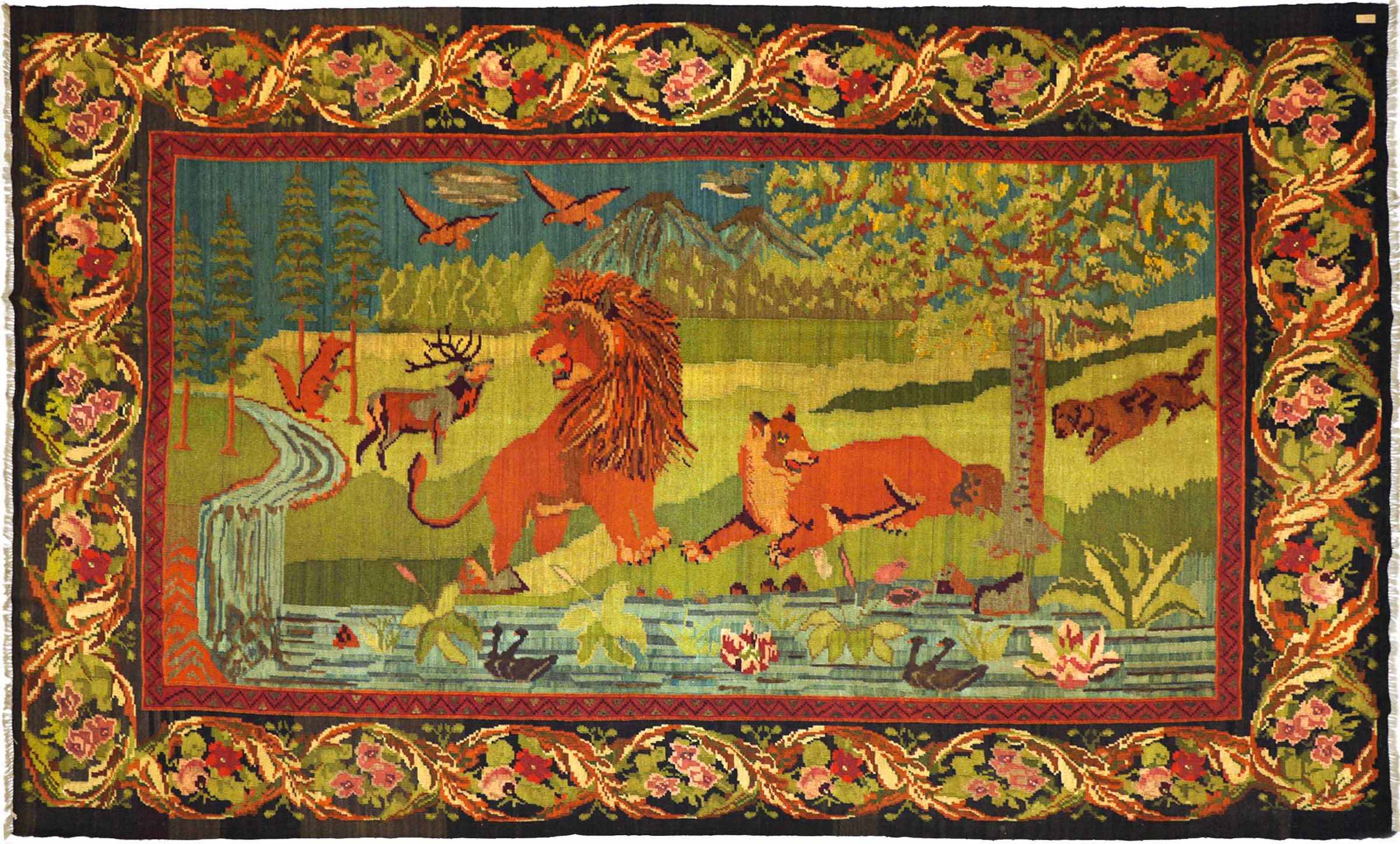 Moldawien Kelim Löwe 240x340 Handgewebt Teppich Bunt Tiermotive Orient Wolle