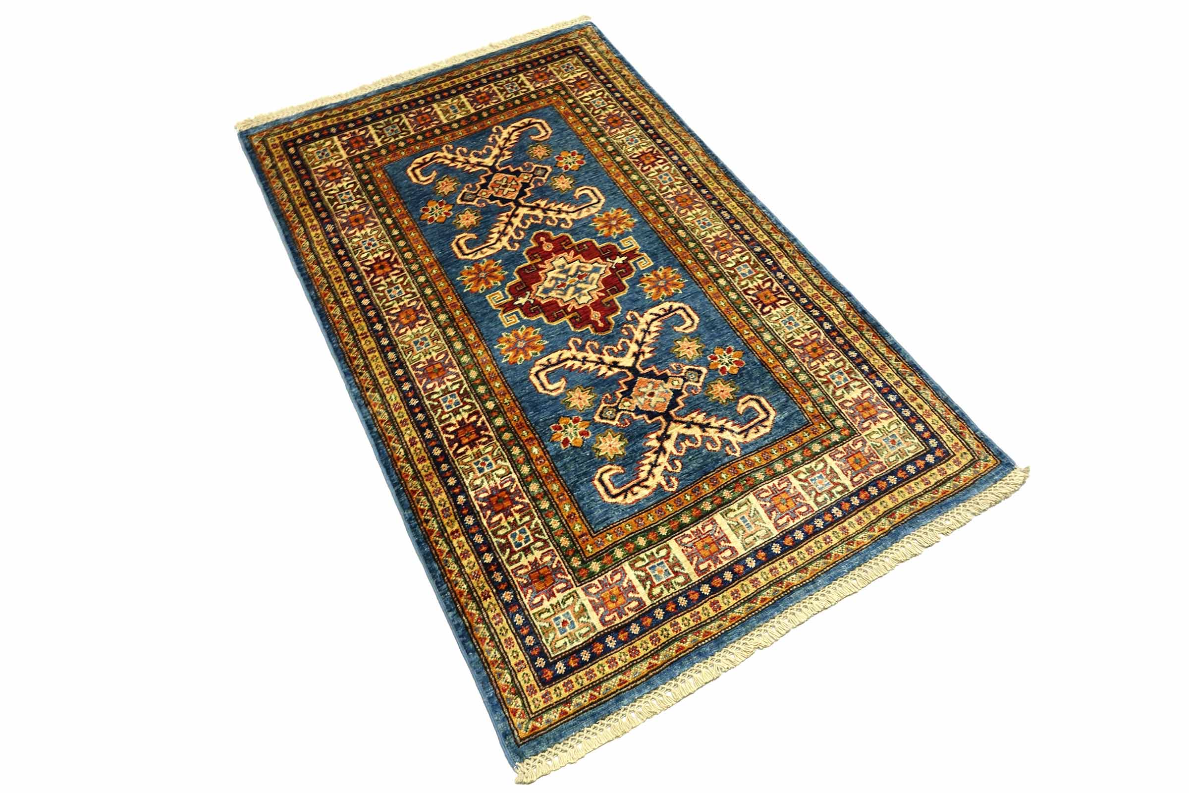 Afghan Kazak Fein 100x150 Handgeknüpft Orientteppich Blau Umrandung Wolle