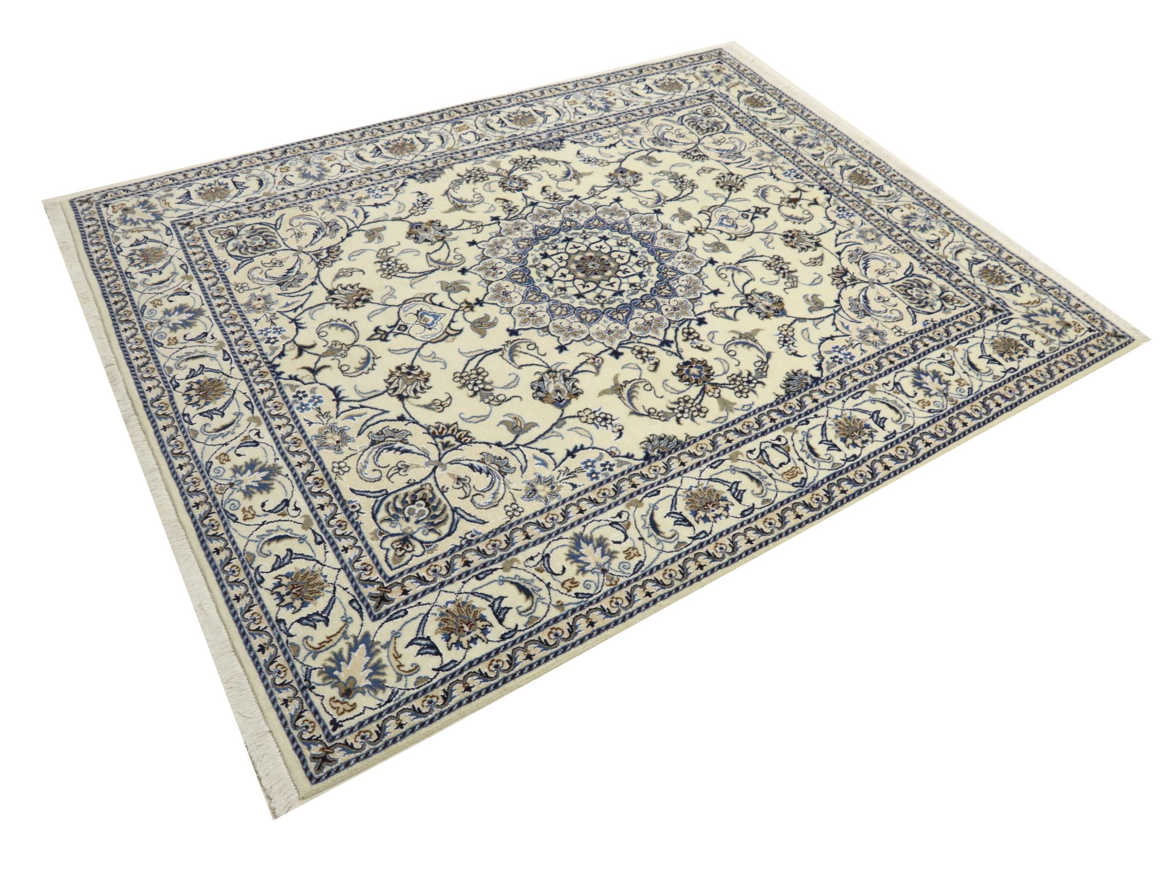 Perserteppich Nain Kashmar 200x300 Handgeknüpft Weiß Medaillon Orientalisch UNIKAT