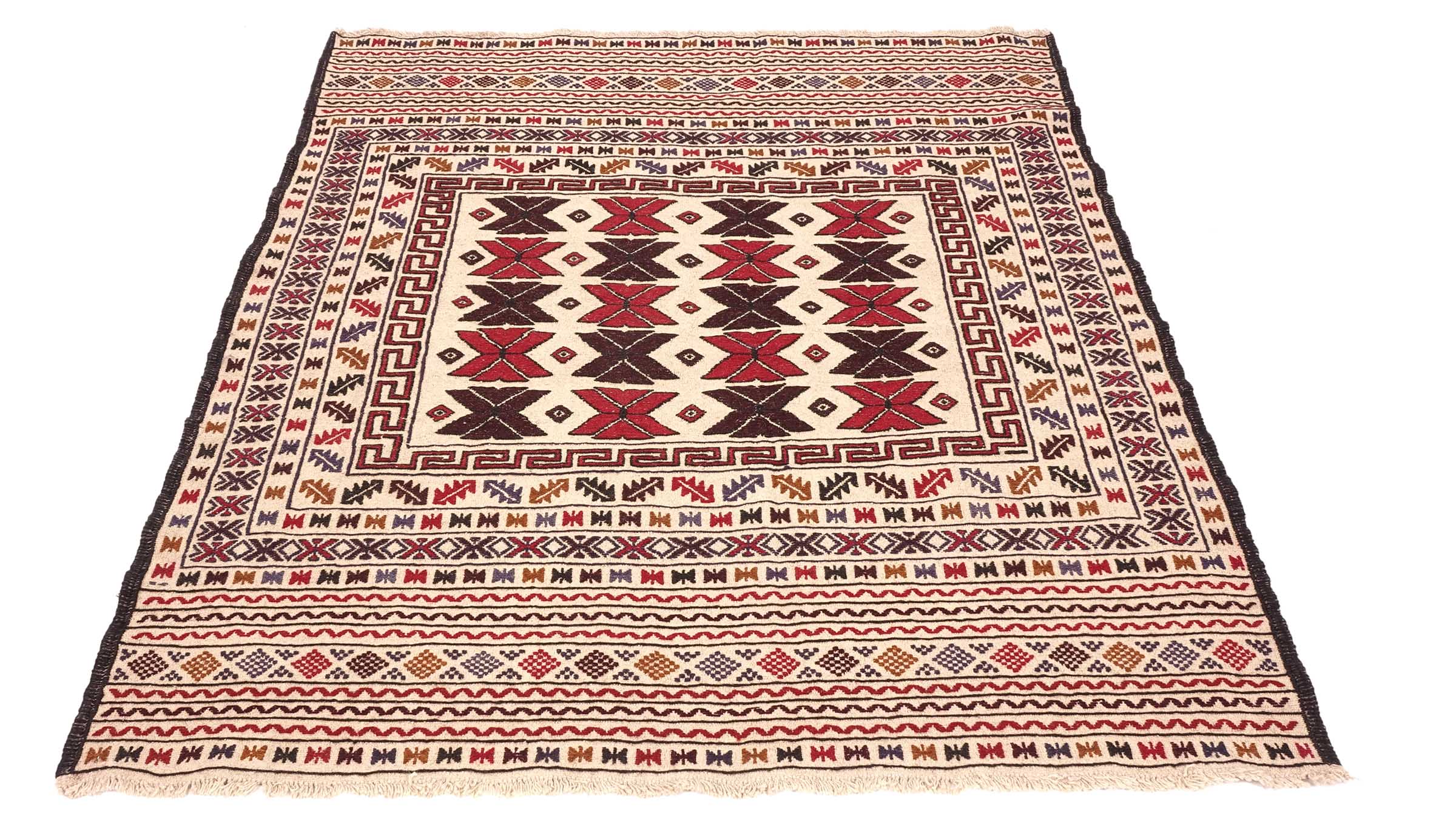 Afghan Kelim Gol Barjasta Teppich 140x180 Handgewebt Beige Geometrisch Handarbeit