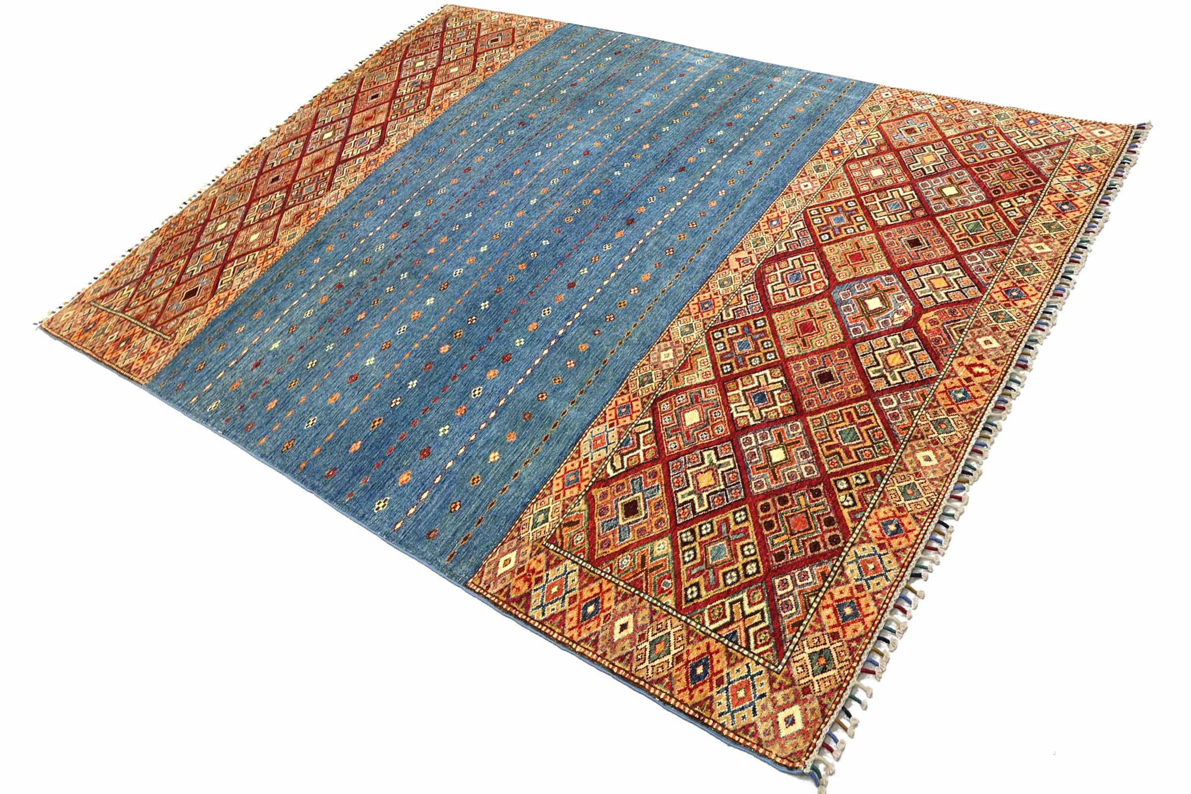 Afghan Khorjin Shaal 210x330 Handgeknüpft Orientteppich Hellblau Streifen Wolle